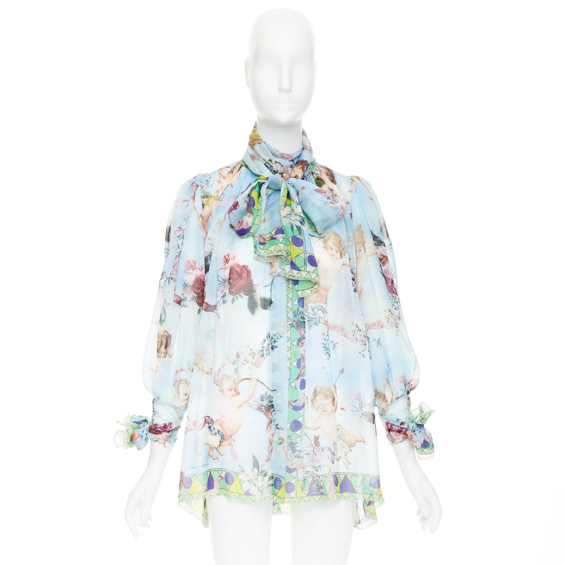 Dolce & Gabbana DOLCE GABBANA 100% silk blue Cherub Cupids print pussybow sheer blouse IT40 S Size S / US 4 / IT 40 - 9 Thumbnail