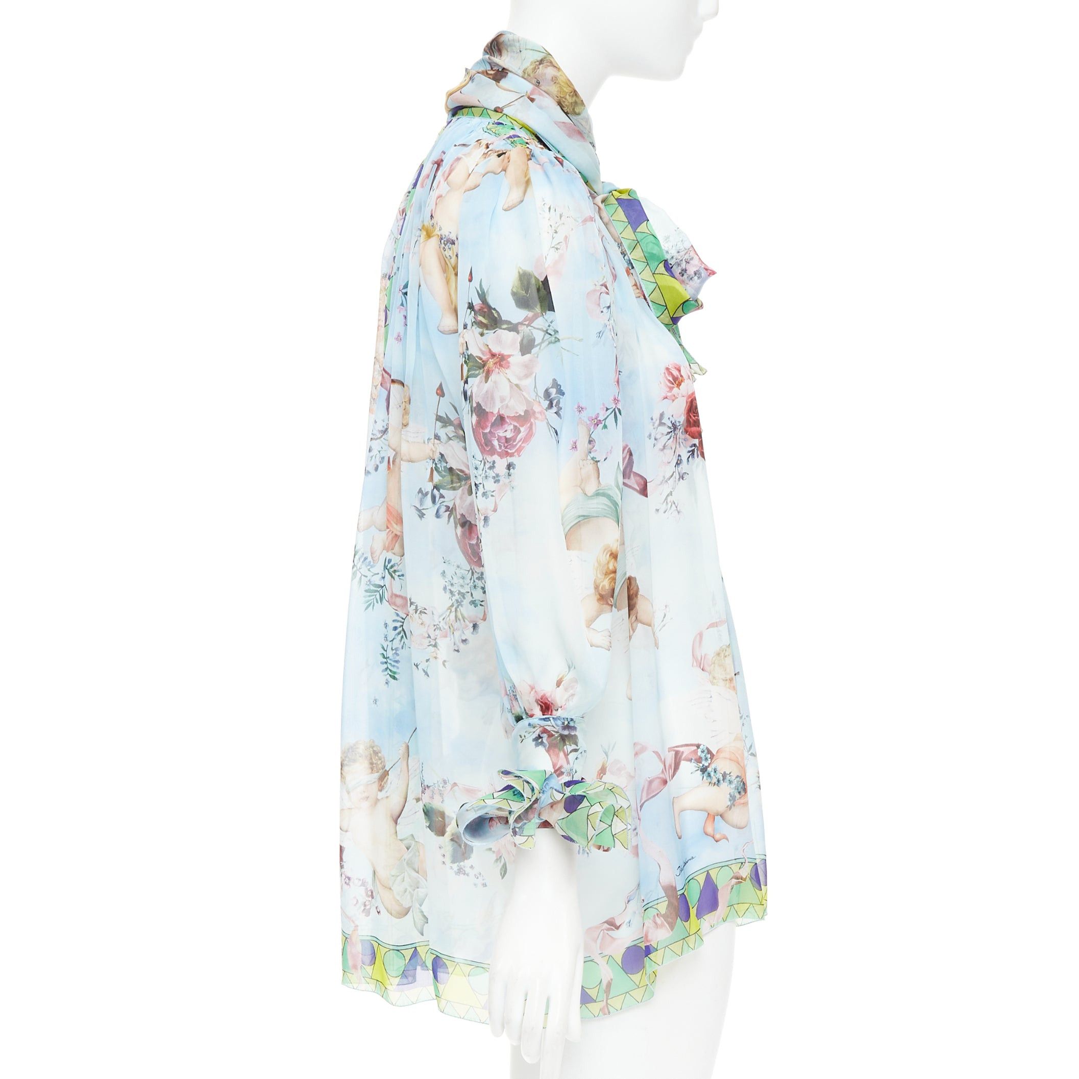Dolce & Gabbana DOLCE GABBANA 100% silk blue Cherub Cupids print pussybow sheer blouse IT40 S Size S / US 4 / IT 40 - 4 Thumbnail