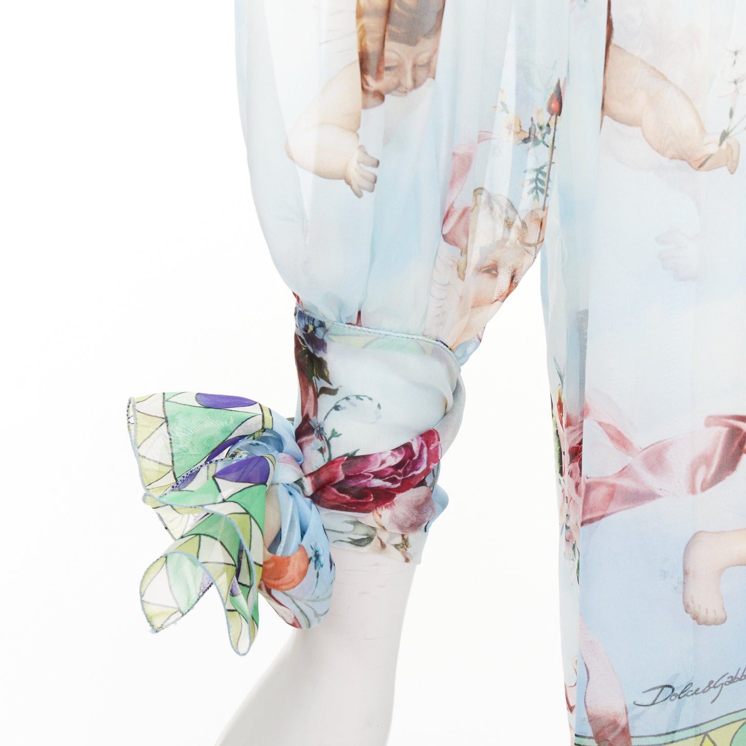 Dolce & Gabbana DOLCE GABBANA 100% silk blue Cherub Cupids print pussybow sheer blouse IT40 S Size S / US 4 / IT 40 - 7 Thumbnail
