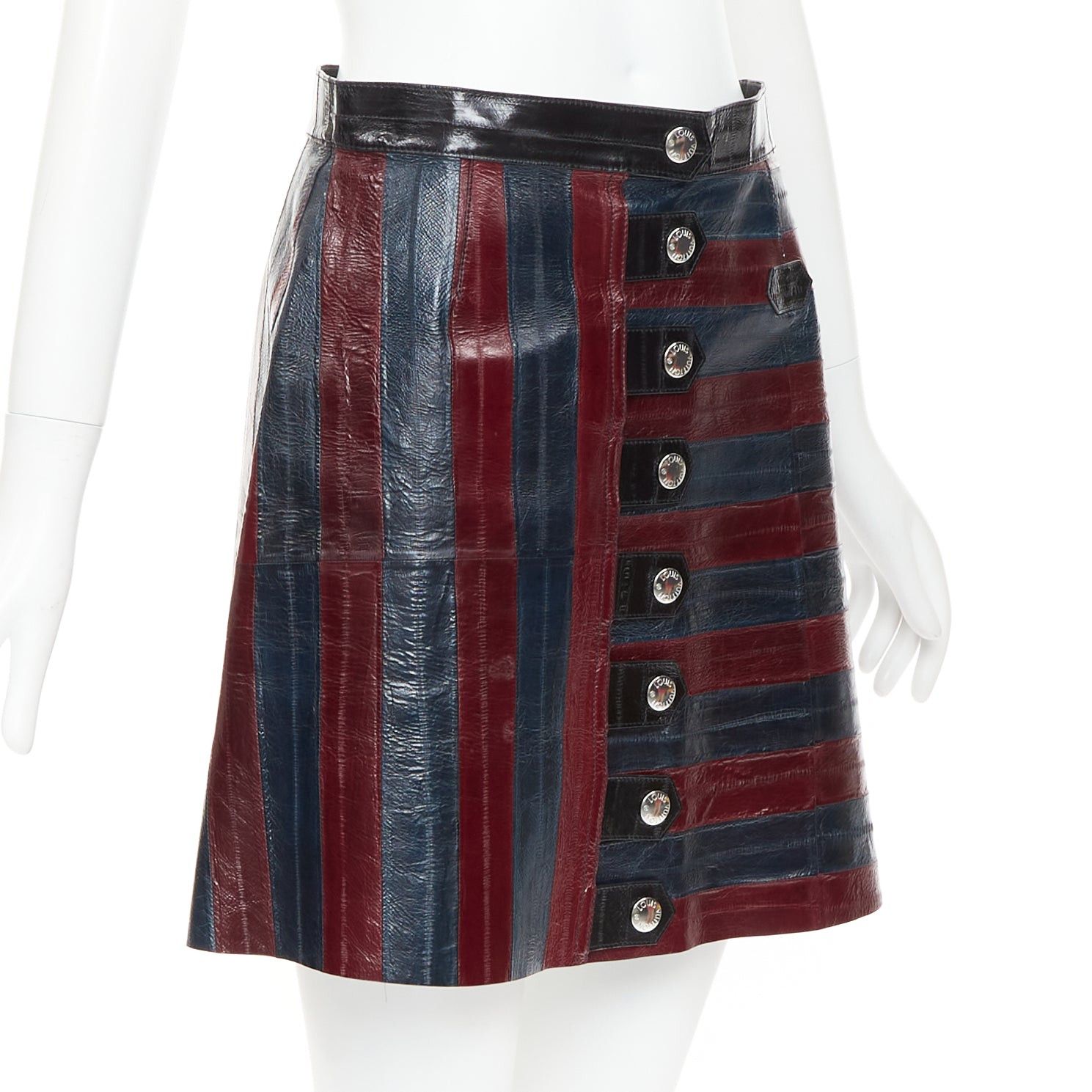 Louis Vuitton LOUIS VUITTON 2015 Runway burgundy navy eel leather patchwork skirt FR38 M Size 28" / US 6 / IT 42 - 3 Thumbnail