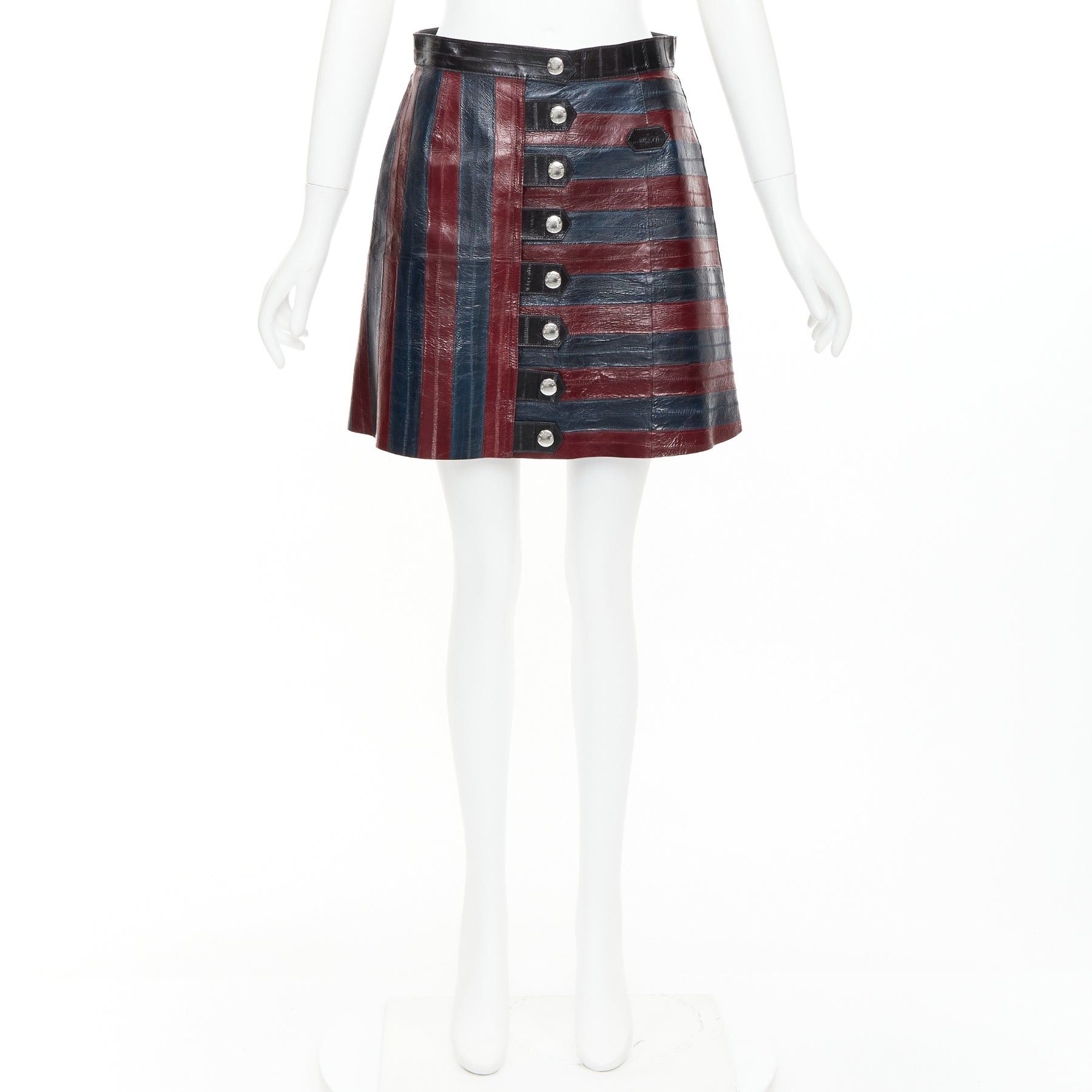 Louis Vuitton LOUIS VUITTON 2015 Runway burgundy navy eel leather patchwork skirt FR38 M Size 28" / US 6 / IT 42 - 9 Thumbnail