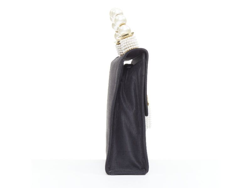 Moschino MOSCHINO 1990s Vintage black raw silk pearl gold handle tassel flap top handle bag Size ONE SIZE - 4 Thumbnail