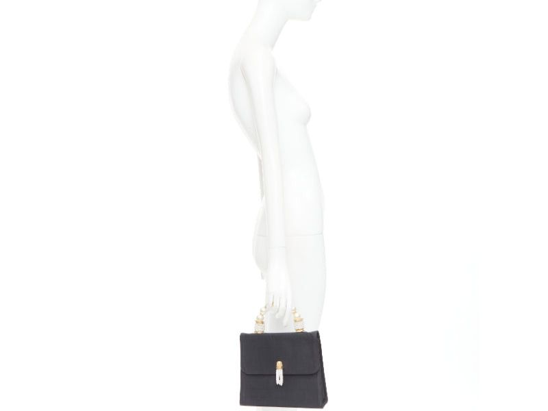 Moschino MOSCHINO 1990s Vintage black raw silk pearl gold handle tassel flap top handle bag Size ONE SIZE - 2 Thumbnail