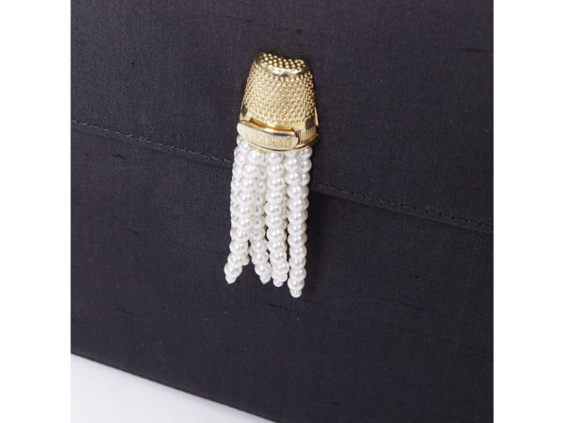 Moschino MOSCHINO 1990s Vintage black raw silk pearl gold handle tassel flap top handle bag Size ONE SIZE - 7 Thumbnail