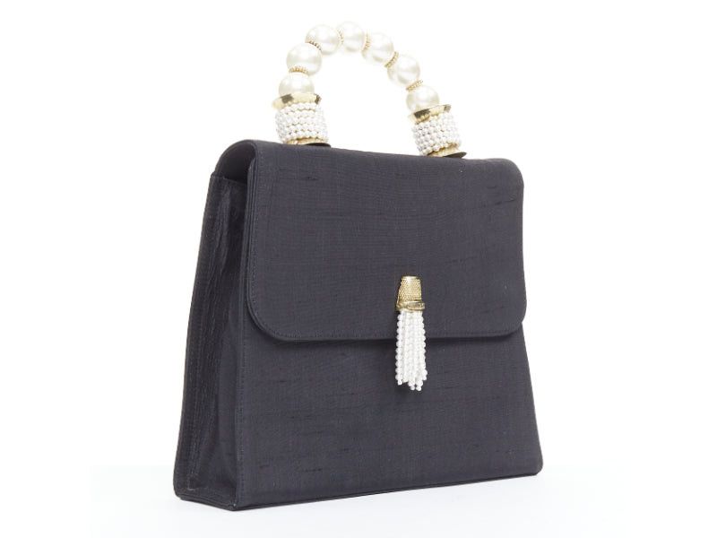 Moschino MOSCHINO 1990s Vintage black raw silk pearl gold handle tassel flap top handle bag Size ONE SIZE - 3 Thumbnail
