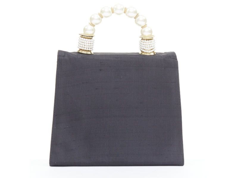 Moschino MOSCHINO 1990s Vintage black raw silk pearl gold handle tassel flap top handle bag Size ONE SIZE - 5 Thumbnail