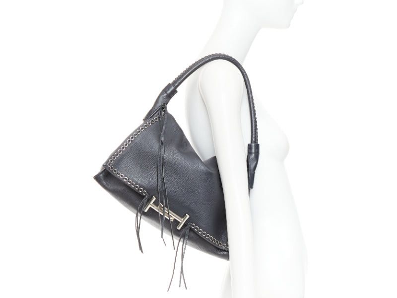 Tod's TOD'S Double Double T black calfskin silver grommet weave fringe shoulder hobo bag Size ONE SIZE - 2 Thumbnail