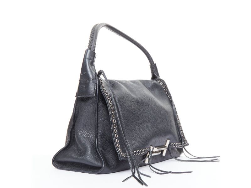 Tod's TOD'S Double Double T black calfskin silver grommet weave fringe shoulder hobo bag Size ONE SIZE - 3 Thumbnail
