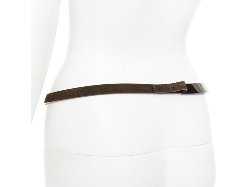 Gucci rare GUCCI Tom Ford Vintage metal plate brown suede leather skinny belt 85cm Size ONE SIZE - 6 Thumbnail