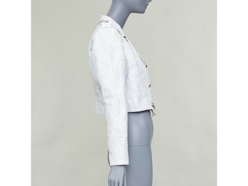 Louis Vuitton LOUIS VUITTON 2020 Runway ivory silver brocade silk military cropped biker jacket FR36 S Size S / US 4 / IT 40 - 5 Thumbnail