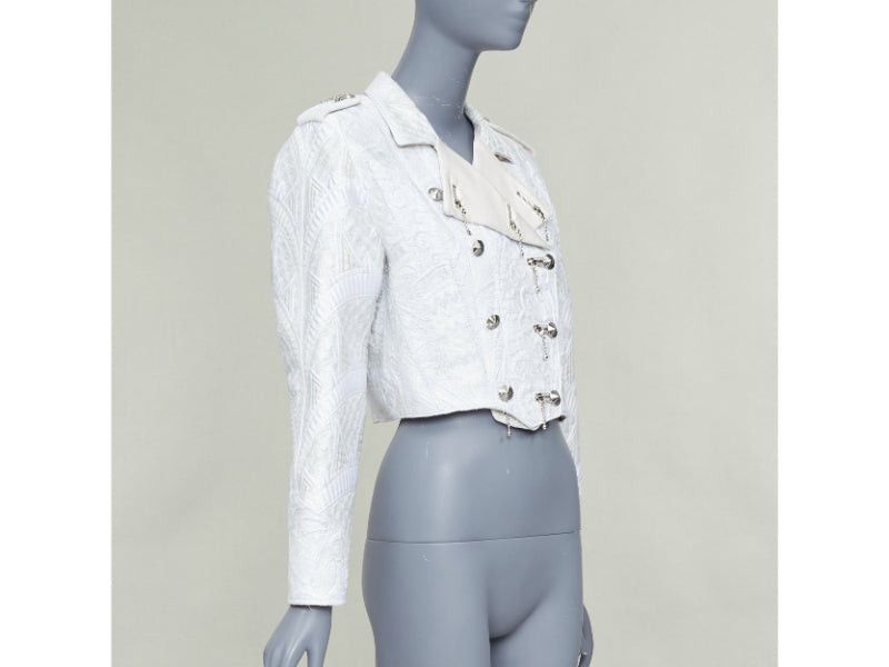 Louis Vuitton LOUIS VUITTON 2020 Runway ivory silver brocade silk military cropped biker jacket FR36 S Size S / US 4 / IT 40 - 4 Thumbnail