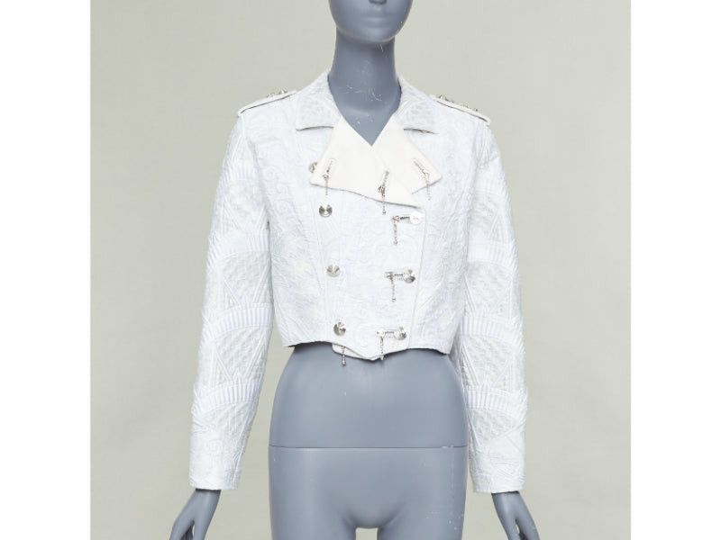 Louis Vuitton LOUIS VUITTON 2020 Runway ivory silver brocade silk military cropped biker jacket FR36 S Size S / US 4 / IT 40 - 3 Thumbnail