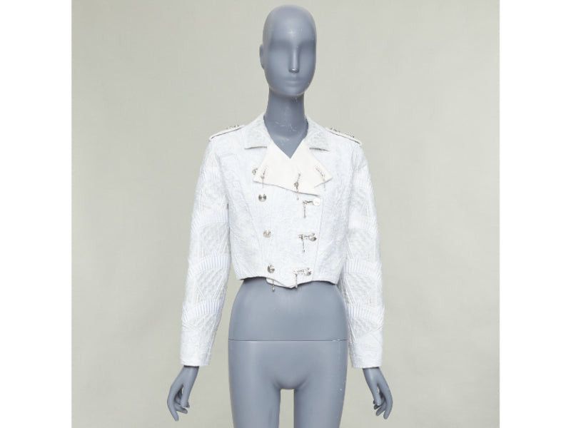 Louis Vuitton LOUIS VUITTON 2020 Runway ivory silver brocade silk military cropped biker jacket FR36 S Size S / US 4 / IT 40 - 10 Thumbnail