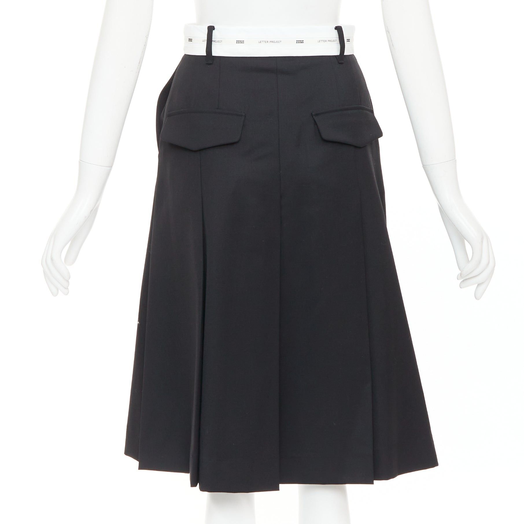 Other EENK LETTER X black white wool blend logo waist box pleat knee skirt XS Size 27" / US 4 / IT 40 - 5 Thumbnail