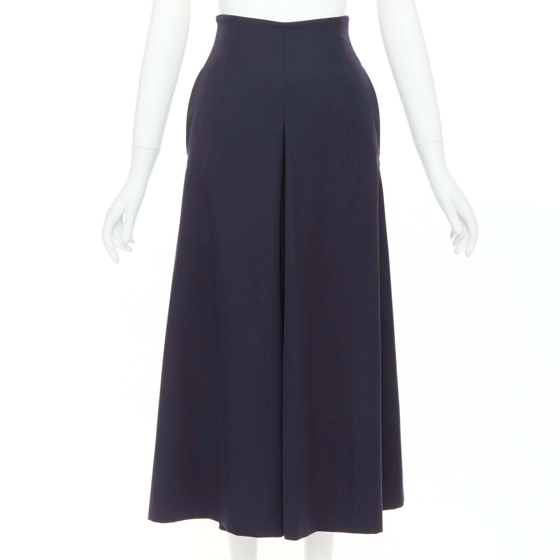 Alexander McQueen ALEXANDER MCQUEEN navy virgin wool box pleat wide leg cropped pants IT34 XXS Size 24" / US 00 / IT 34 - 2 Thumbnail