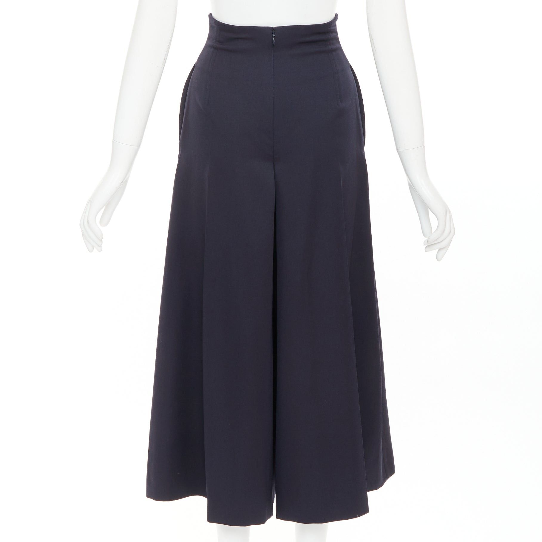 Alexander McQueen ALEXANDER MCQUEEN navy virgin wool box pleat wide leg cropped pants IT34 XXS Size 24" / US 00 / IT 34 - 4 Thumbnail