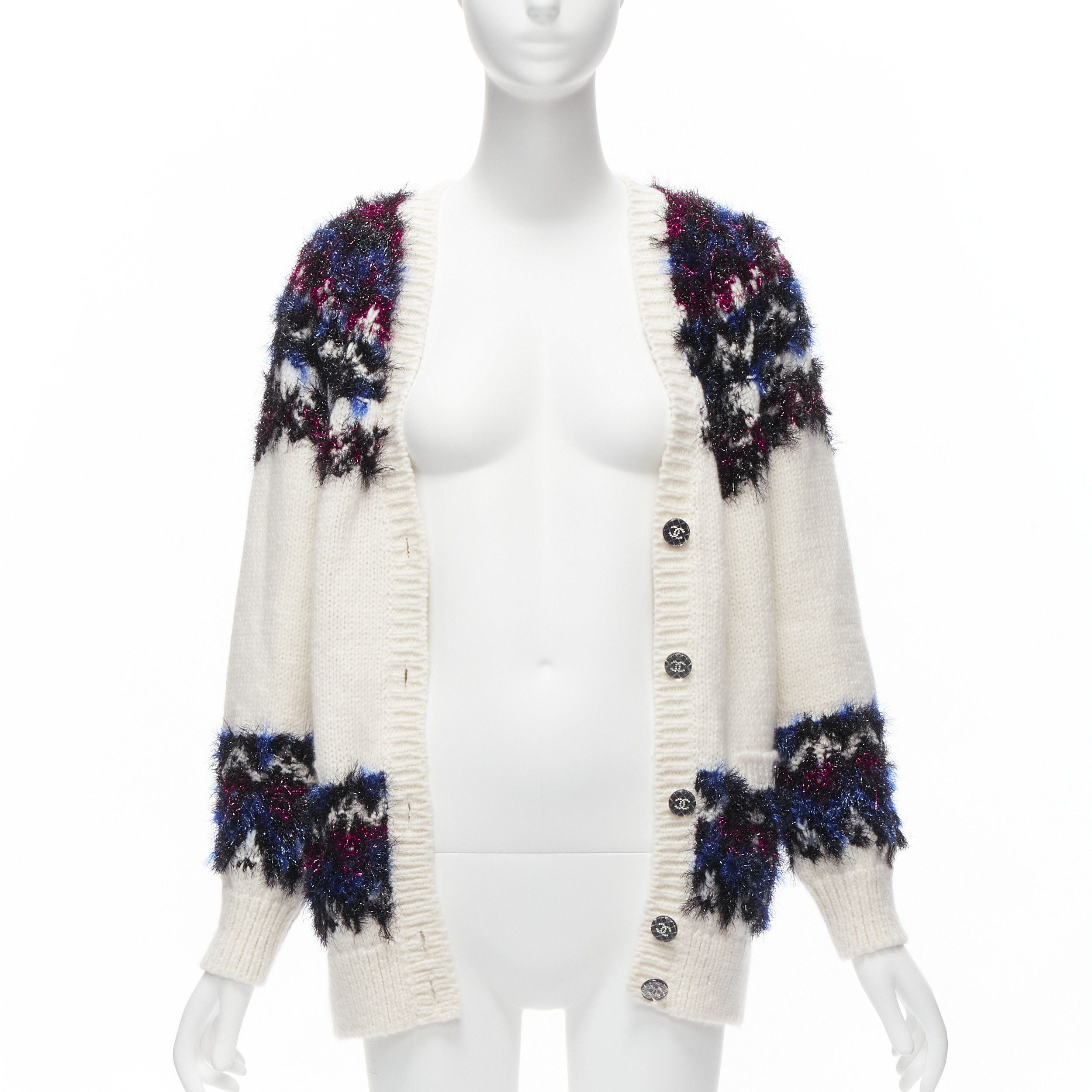 Chanel CHANEL pink blue fluffy lurex cream intarsia crystal CC button cardigan FR36 S Size S / US 4 / IT 40 - 3 Thumbnail