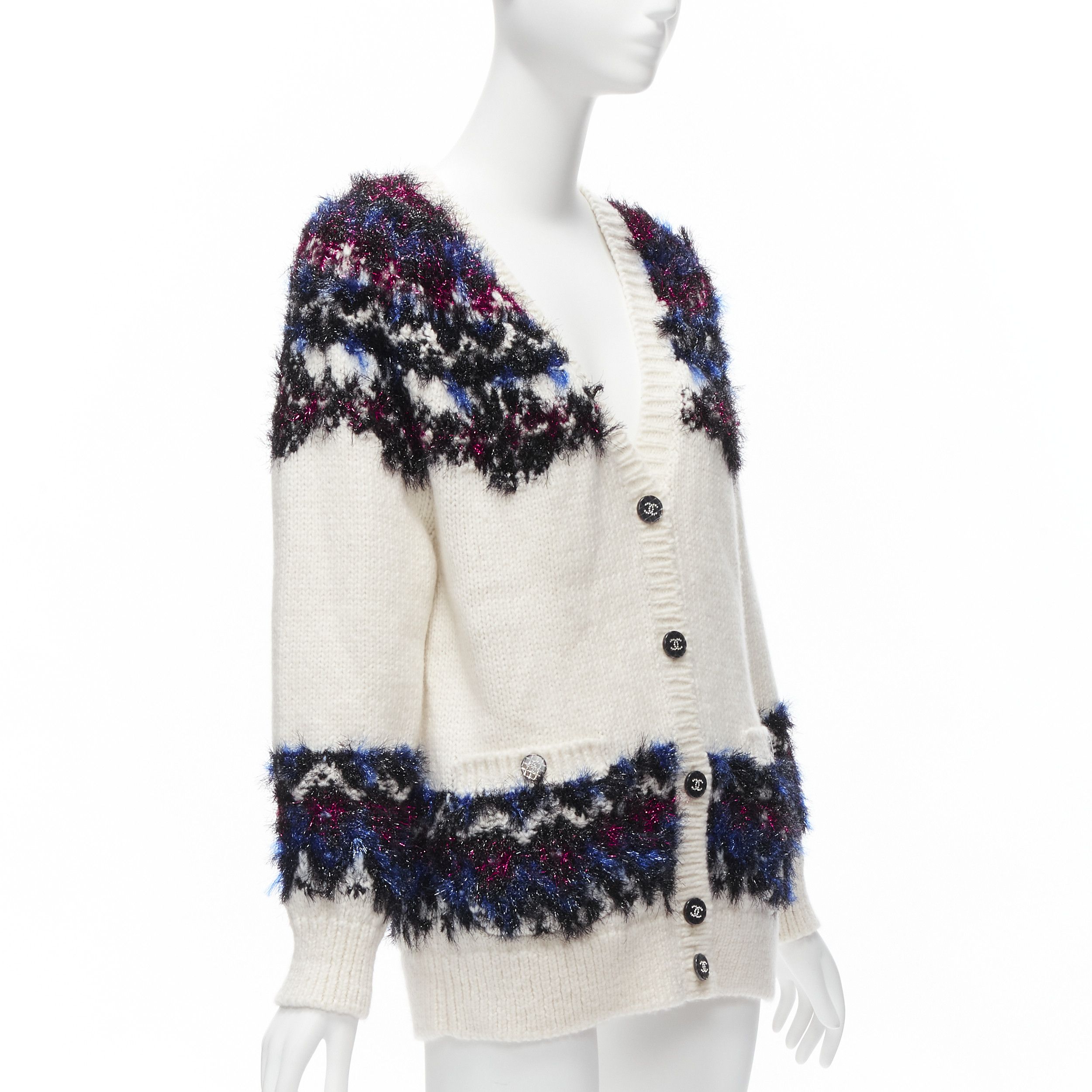 Chanel CHANEL pink blue fluffy lurex cream intarsia crystal CC button cardigan FR36 S Size S / US 4 / IT 40 - 4 Thumbnail