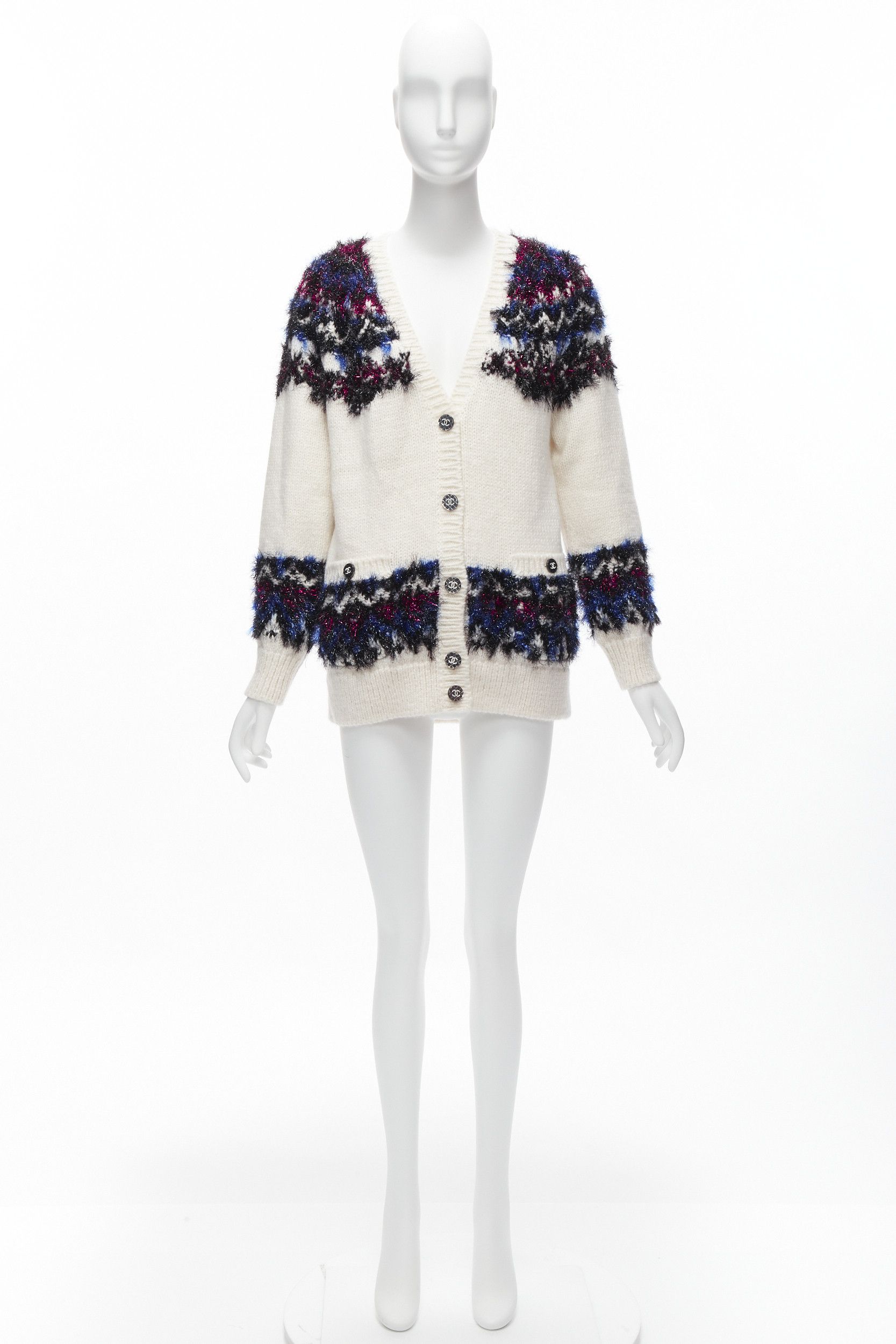 Chanel CHANEL pink blue fluffy lurex cream intarsia crystal CC button cardigan FR36 S Size S / US 4 / IT 40 - 11 Thumbnail
