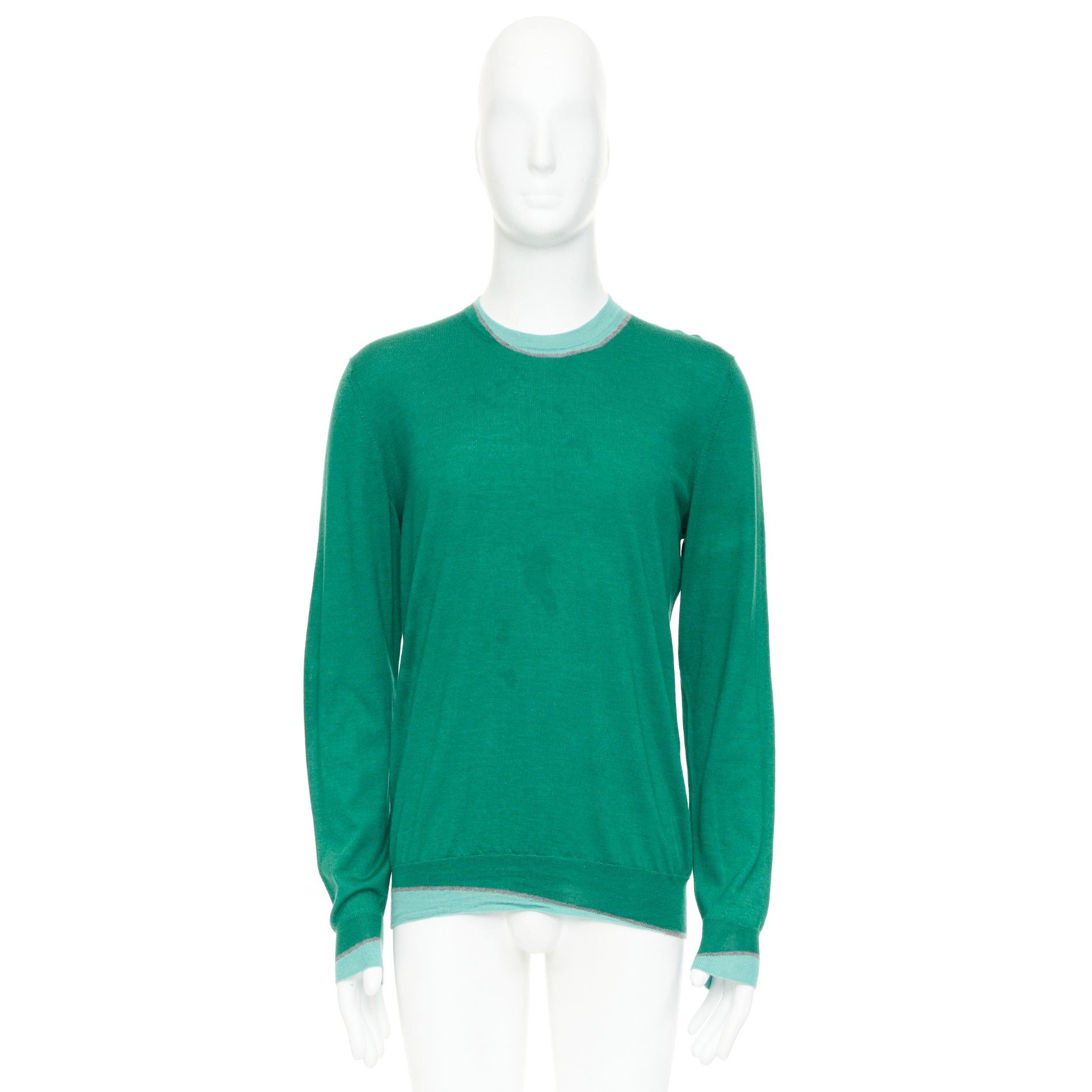 Hermes HERMES cashmere silk blend green blue border trompe loeil crewneck sweater Size US L / EU 52-54 / 3 - 10 Thumbnail