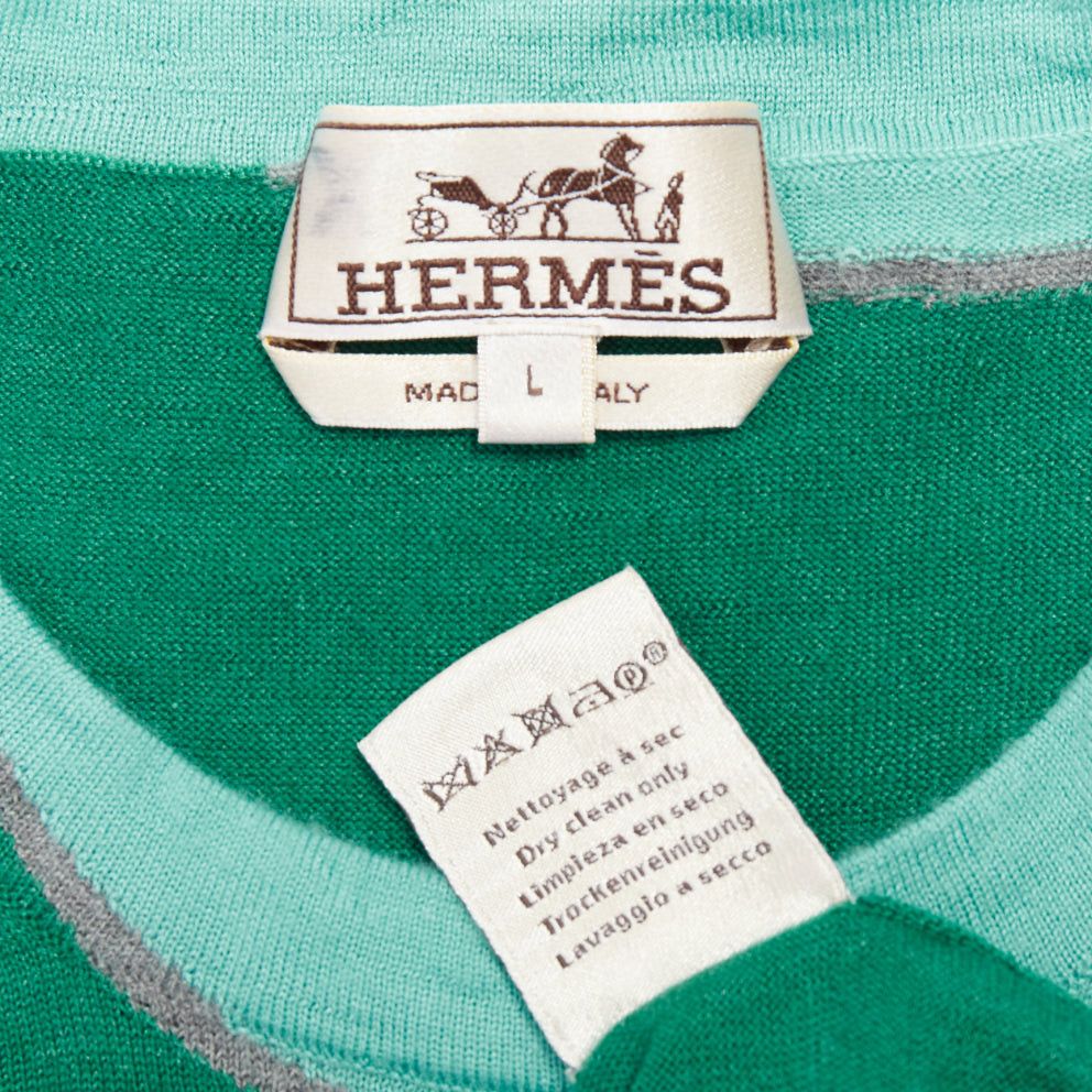 Hermes HERMES cashmere silk blend green blue border trompe loeil crewneck sweater Size US L / EU 52-54 / 3 - 9 Thumbnail