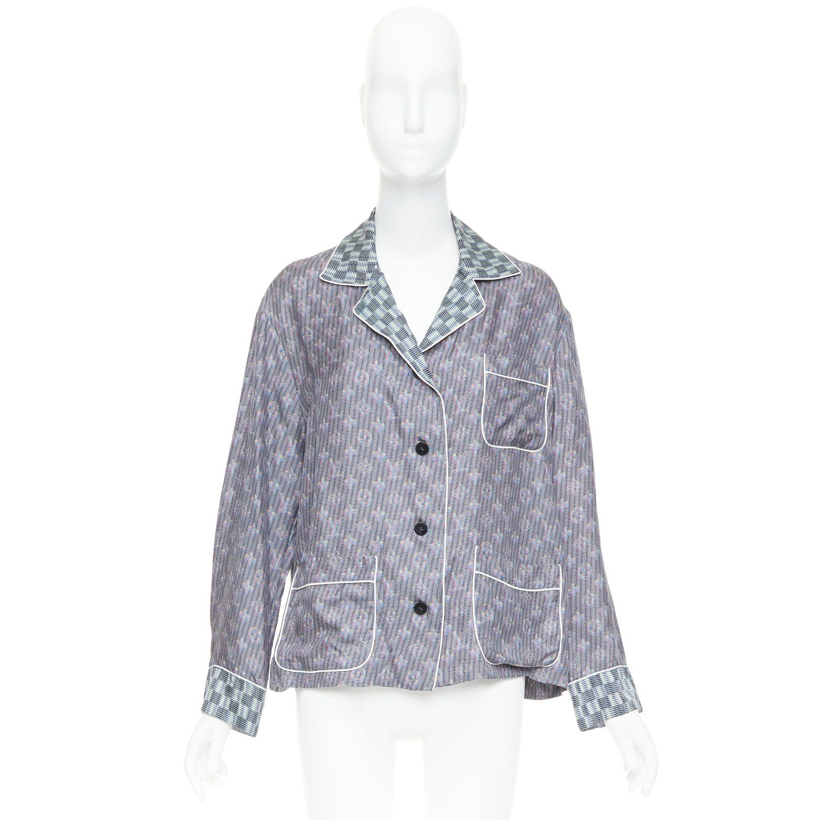 Louis Vuitton LOUIS VUITTON 100% silk purple green Damier Check Jacquard monogram pajama shirt FR36 S Size S / US 4 / IT 40 - 9 Thumbnail
