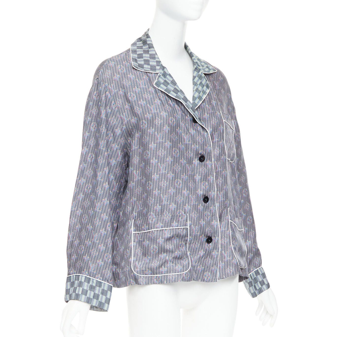 Louis Vuitton LOUIS VUITTON 100% silk purple green Damier Check Jacquard monogram pajama shirt FR36 S Size S / US 4 / IT 40 - 3 Thumbnail