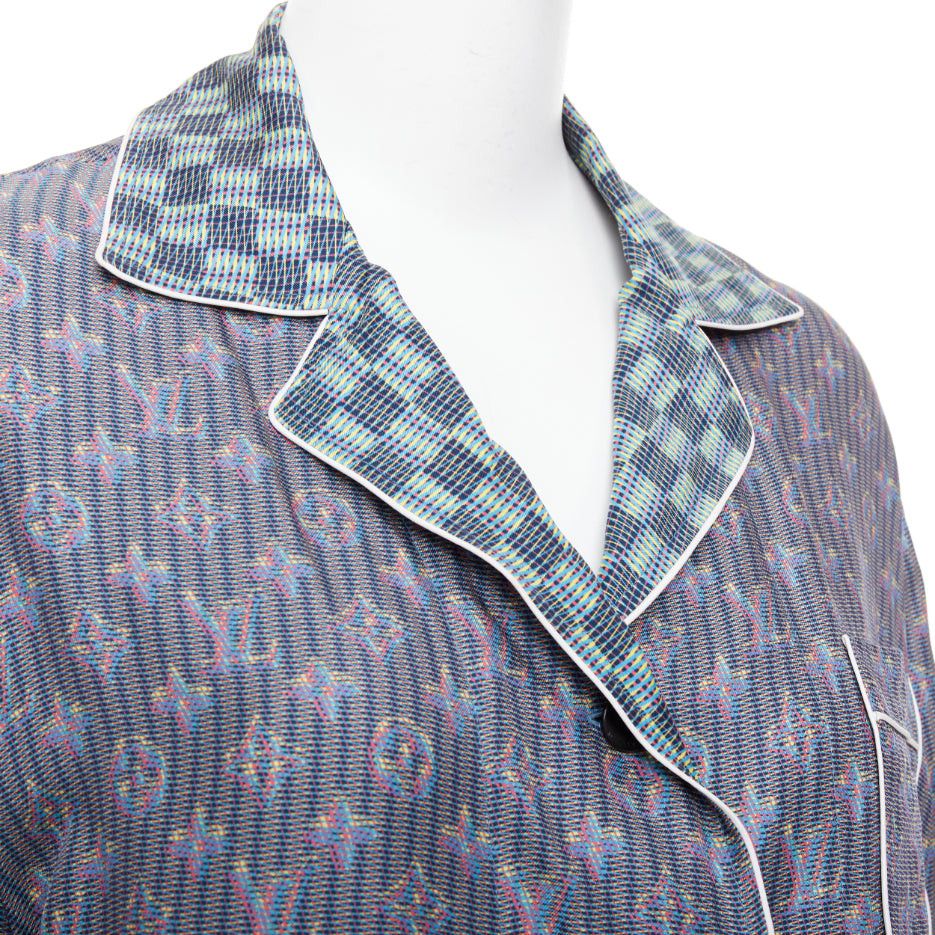 Louis Vuitton LOUIS VUITTON 100% silk purple green Damier Check Jacquard monogram pajama shirt FR36 S Size S / US 4 / IT 40 - 2 Thumbnail