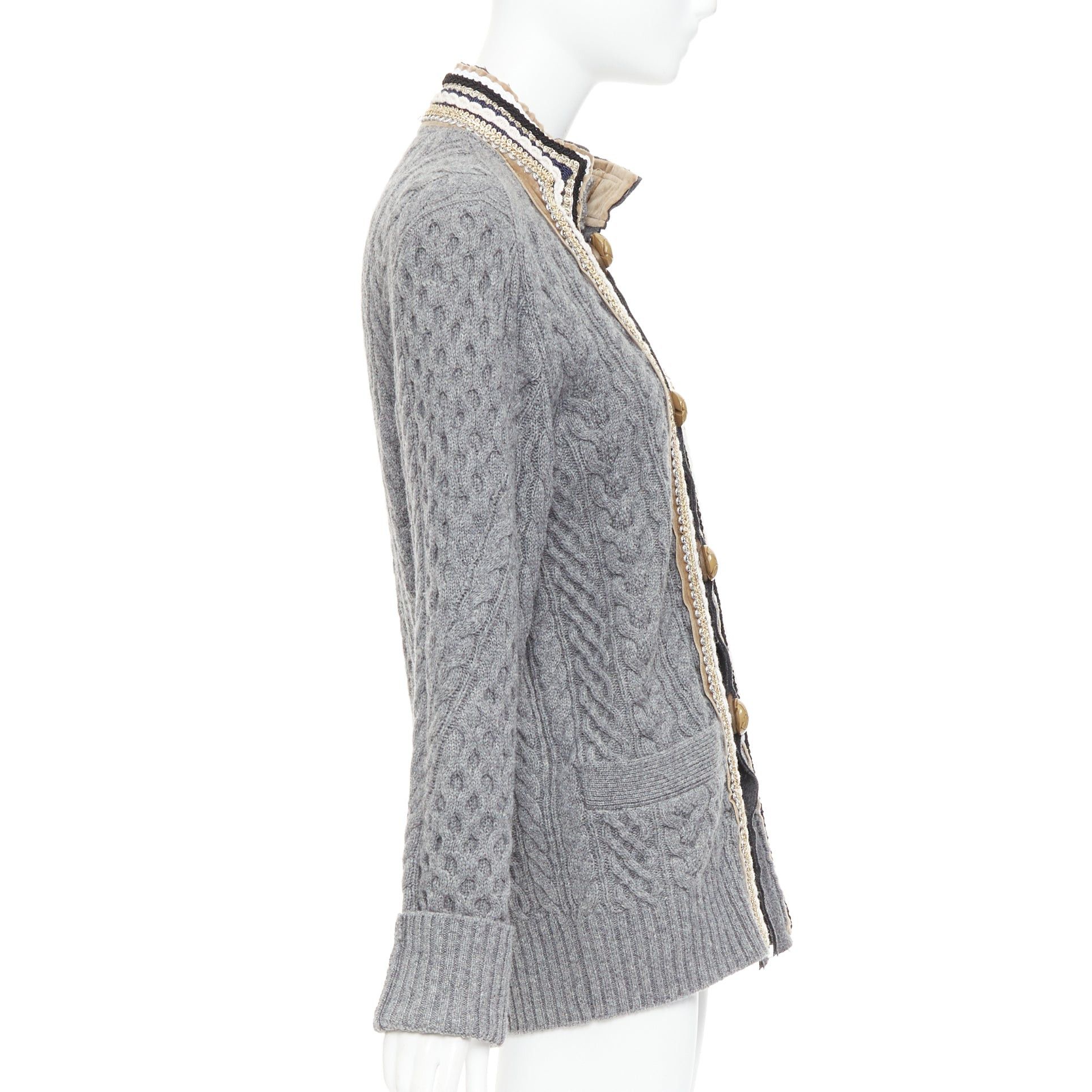 Sacai SACAI 2017 grey wool metallic military baroque trim cable knit cardigan JP1 S Size S / US 4 / IT 40 - 5 Thumbnail