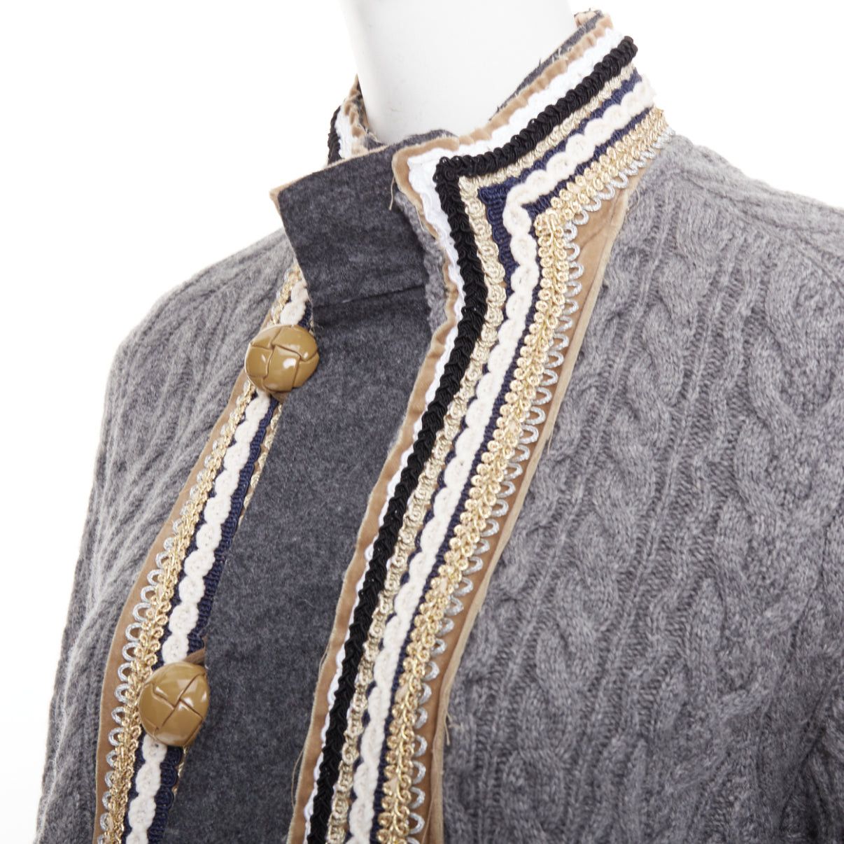 Sacai SACAI 2017 grey wool metallic military baroque trim cable knit cardigan JP1 S Size S / US 4 / IT 40 - 2 Thumbnail