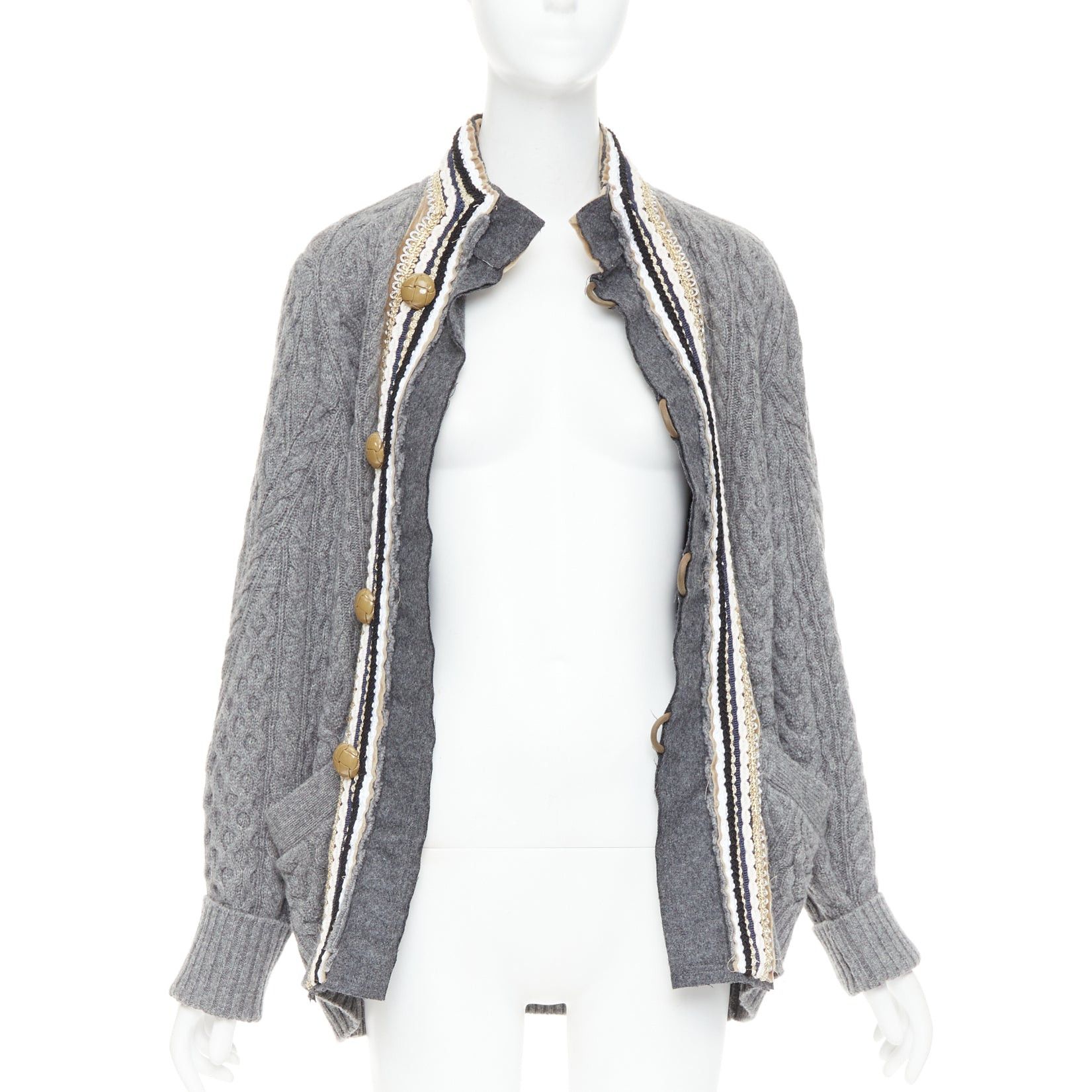Sacai SACAI 2017 grey wool metallic military baroque trim cable knit cardigan JP1 S Size S / US 4 / IT 40 - 3 Thumbnail
