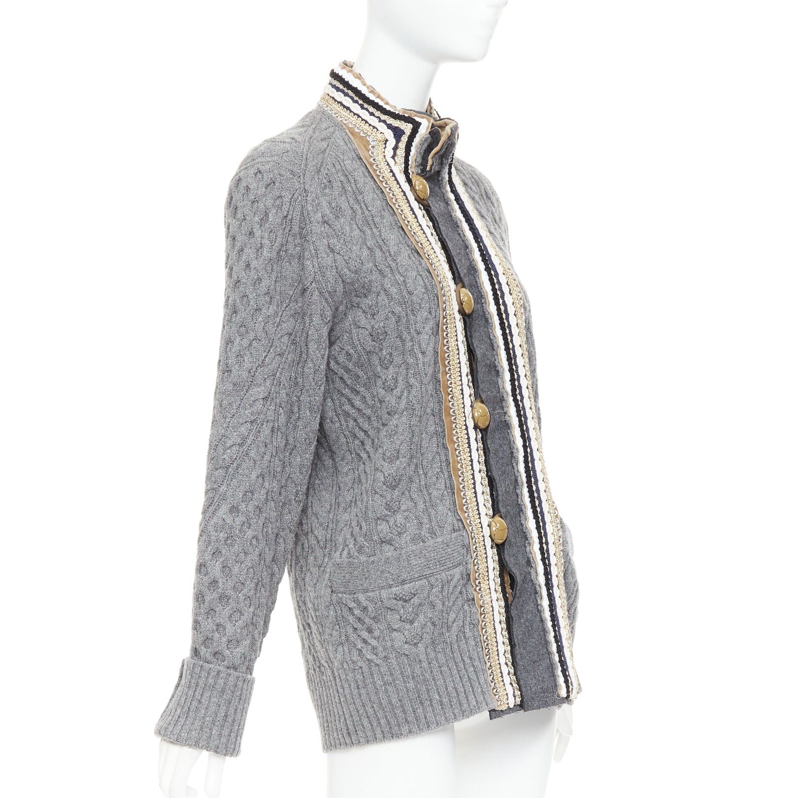 Sacai SACAI 2017 grey wool metallic military baroque trim cable knit cardigan JP1 S Size S / US 4 / IT 40 - 4 Thumbnail