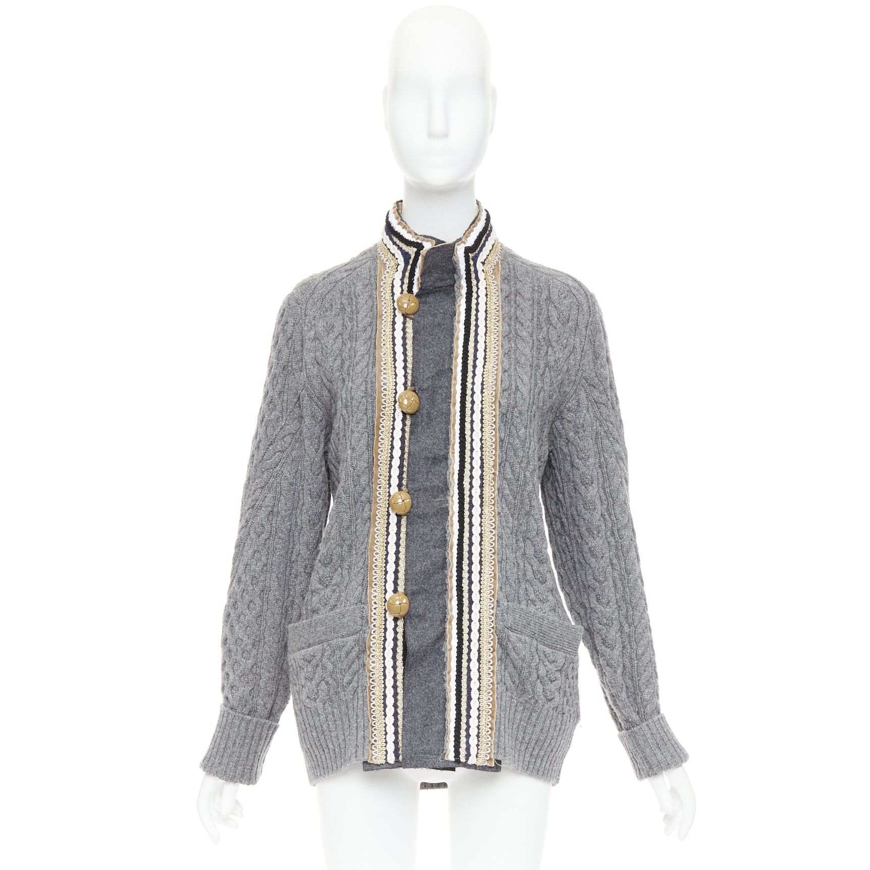 Sacai SACAI 2017 grey wool metallic military baroque trim cable knit cardigan JP1 S Size S / US 4 / IT 40 - 10 Thumbnail