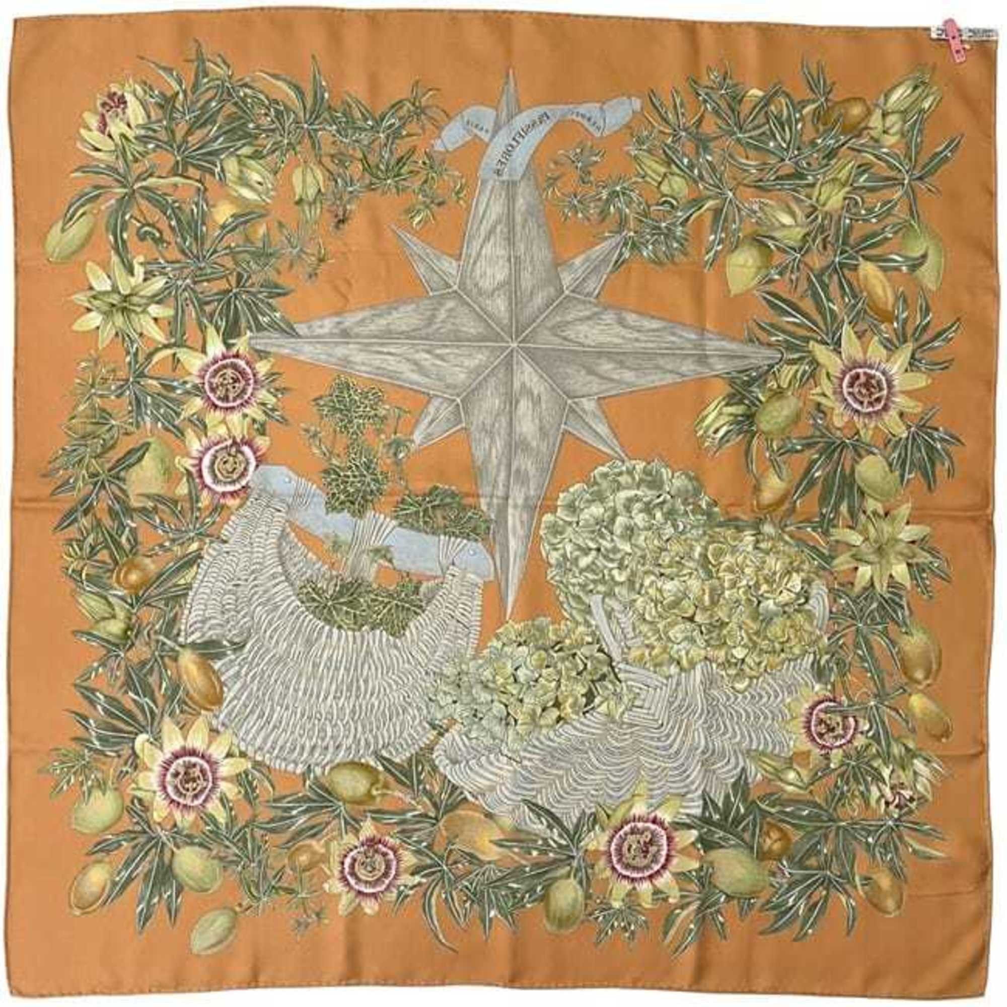 Hermes Hermes Hermès Carré 90 Scarf (ec-24547) in Orange Beige. PASSIFLORES. 100% Silk. Passion Fruit. Large. Available for Men and Women. Size ONE SIZE - 3 Thumbnail