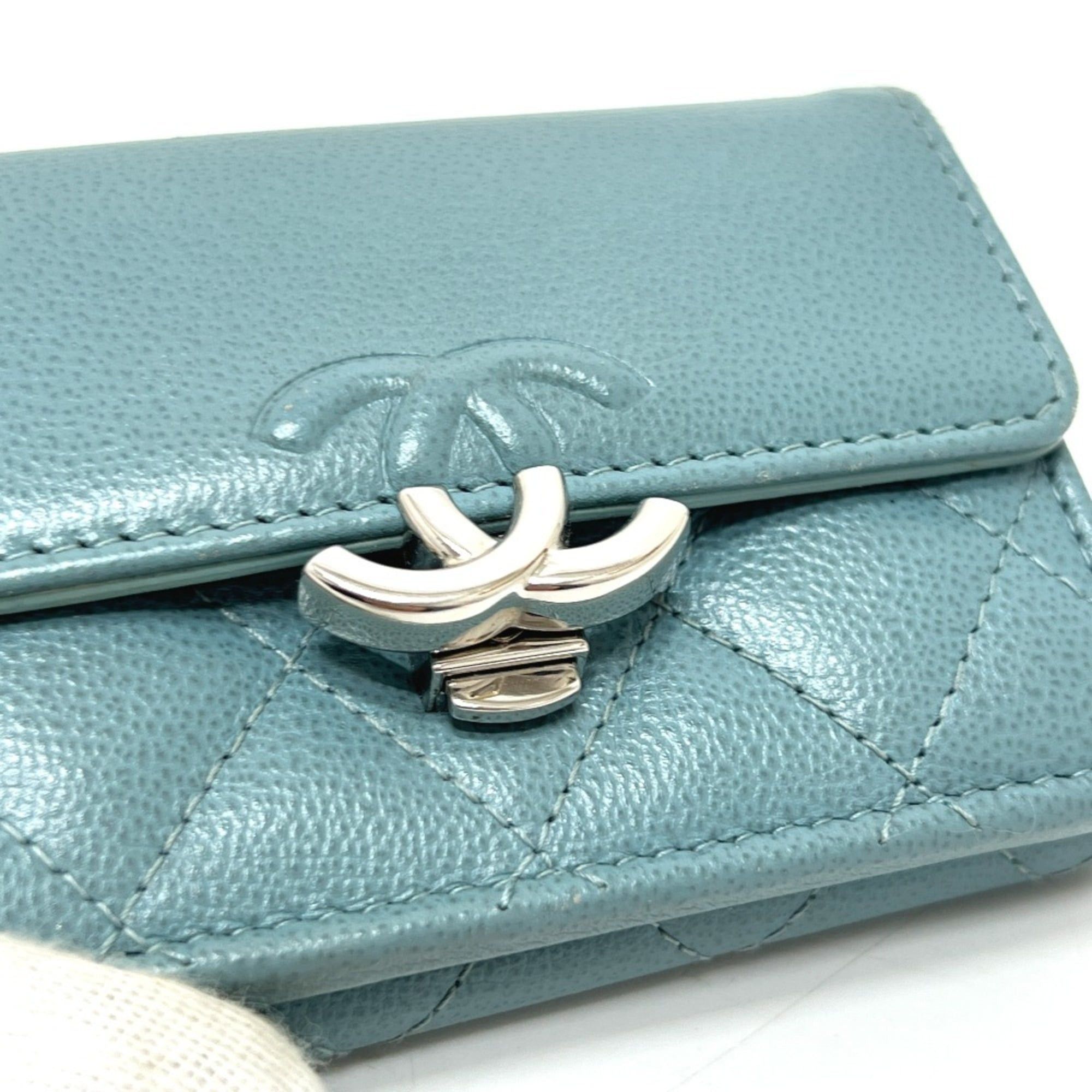 Chanel CHANEL Push Lock Half Coco Mark Compact Wallet, Tri-fold Leather Women's, Light Blue Size ONE SIZE - 7 Thumbnail