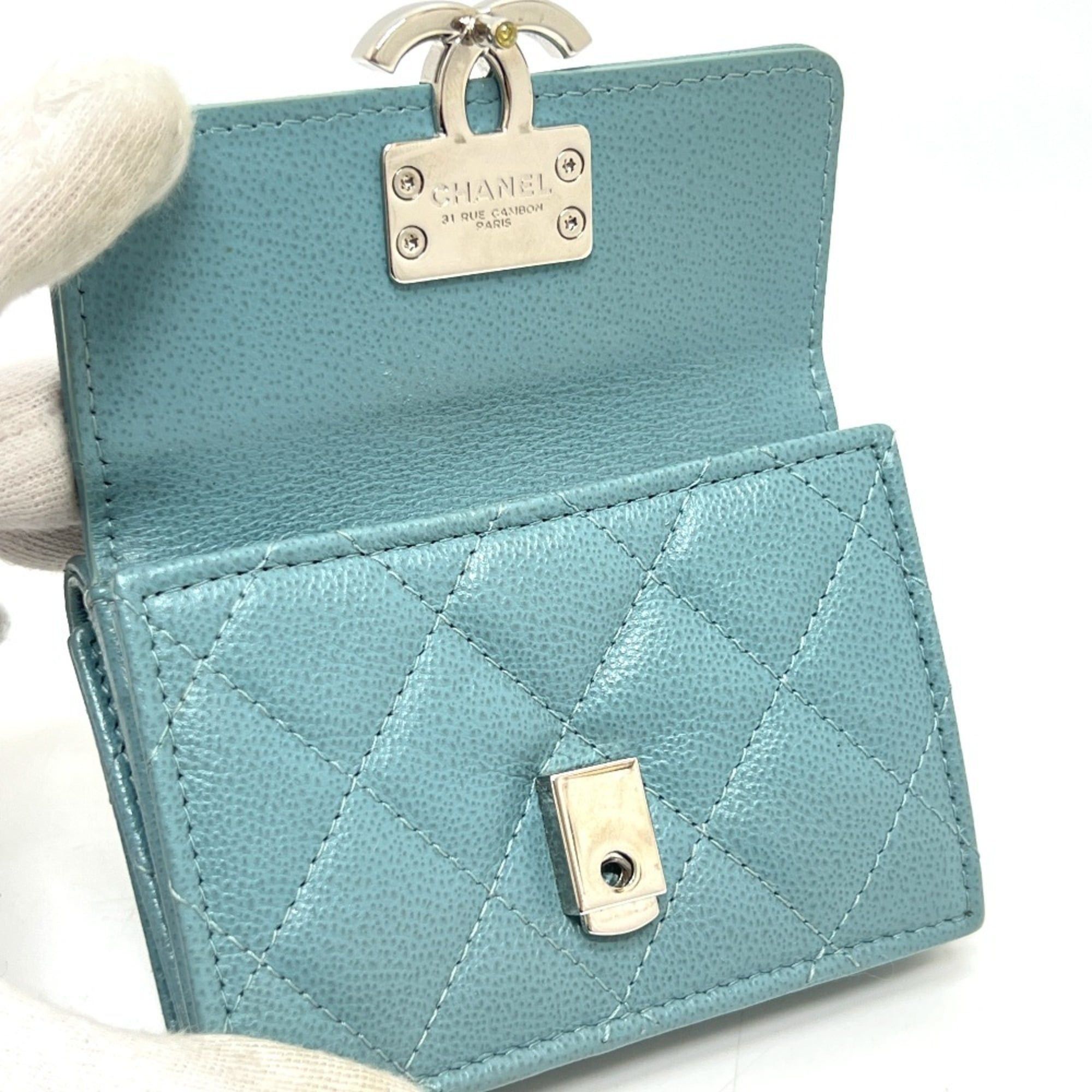 Chanel CHANEL Push Lock Half Coco Mark Compact Wallet, Tri-fold Leather Women's, Light Blue Size ONE SIZE - 8 Thumbnail