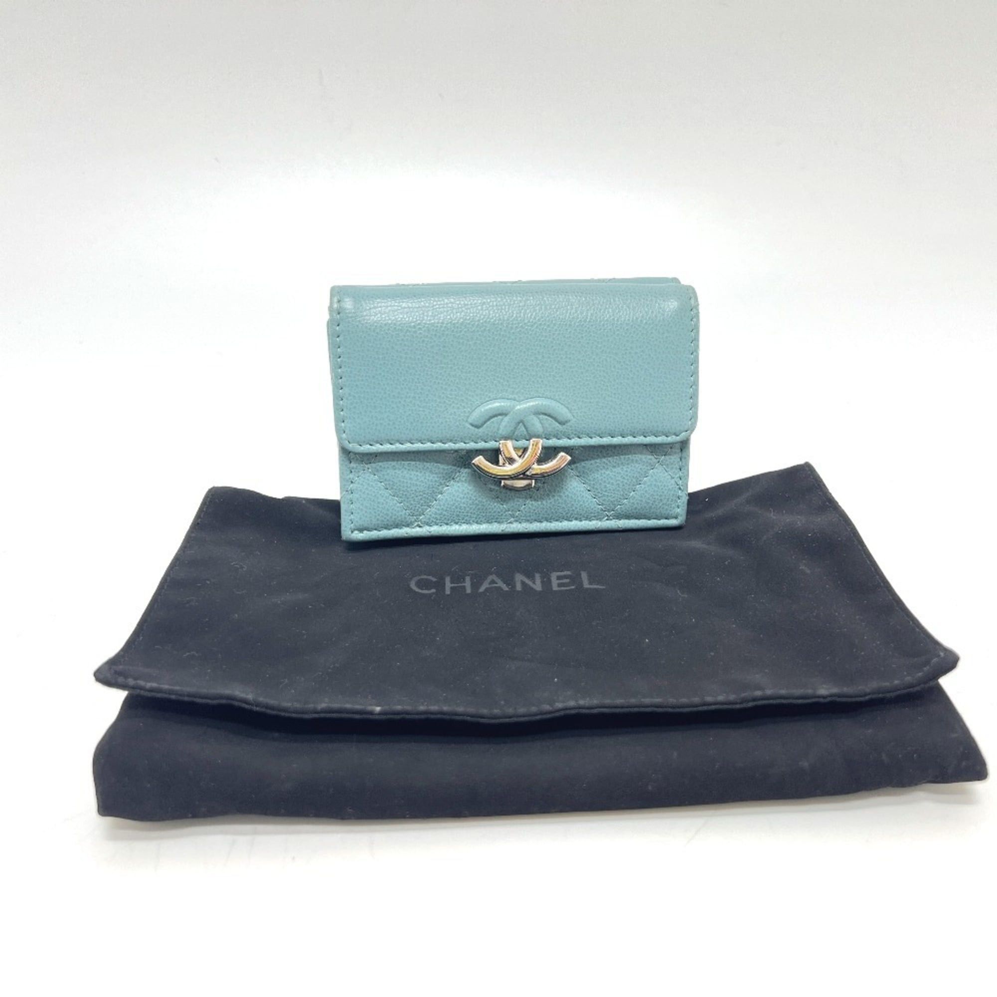 Chanel CHANEL Push Lock Half Coco Mark Compact Wallet, Tri-fold Leather Women's, Light Blue Size ONE SIZE - 13 Thumbnail