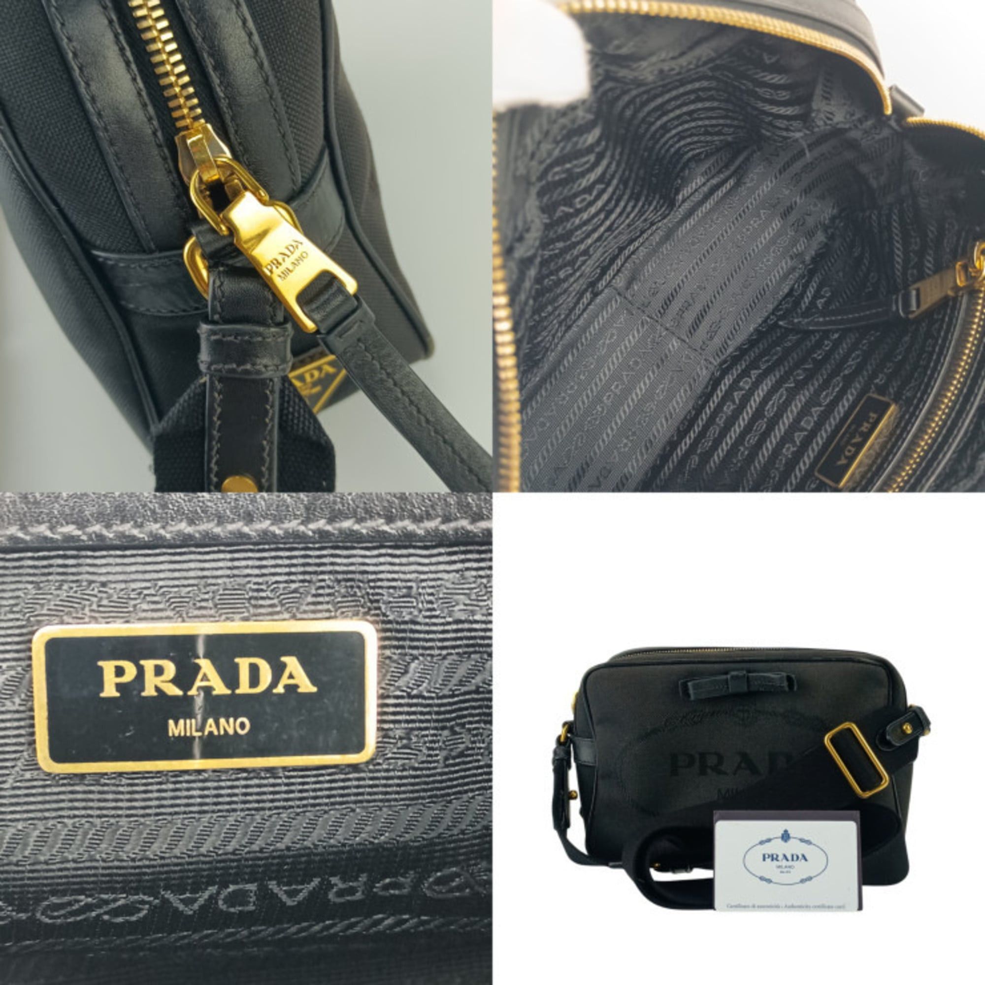 Prada Prada Crossbody Bag Jacquard Shoulder 1BH089 Black Canvas Leather Women's Ribbon Size ONE SIZE - 9 Thumbnail