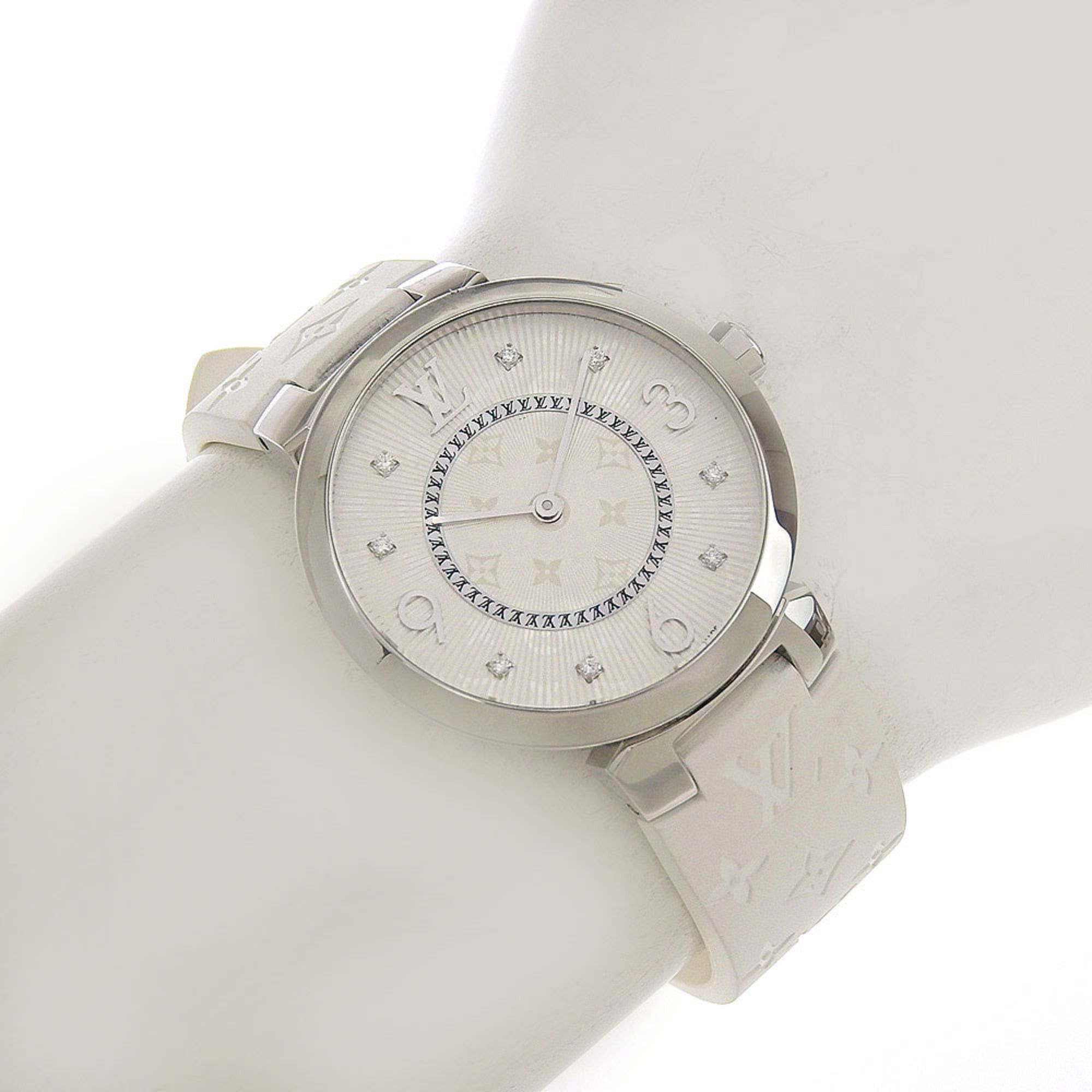 Louis Vuitton Like new Louis Vuitton Tambour MM Q13MJ white dial watch with 8 diamonds, stainless steel and rubber case, quartz movement, 33mm Size ONE SIZE - 8 Thumbnail