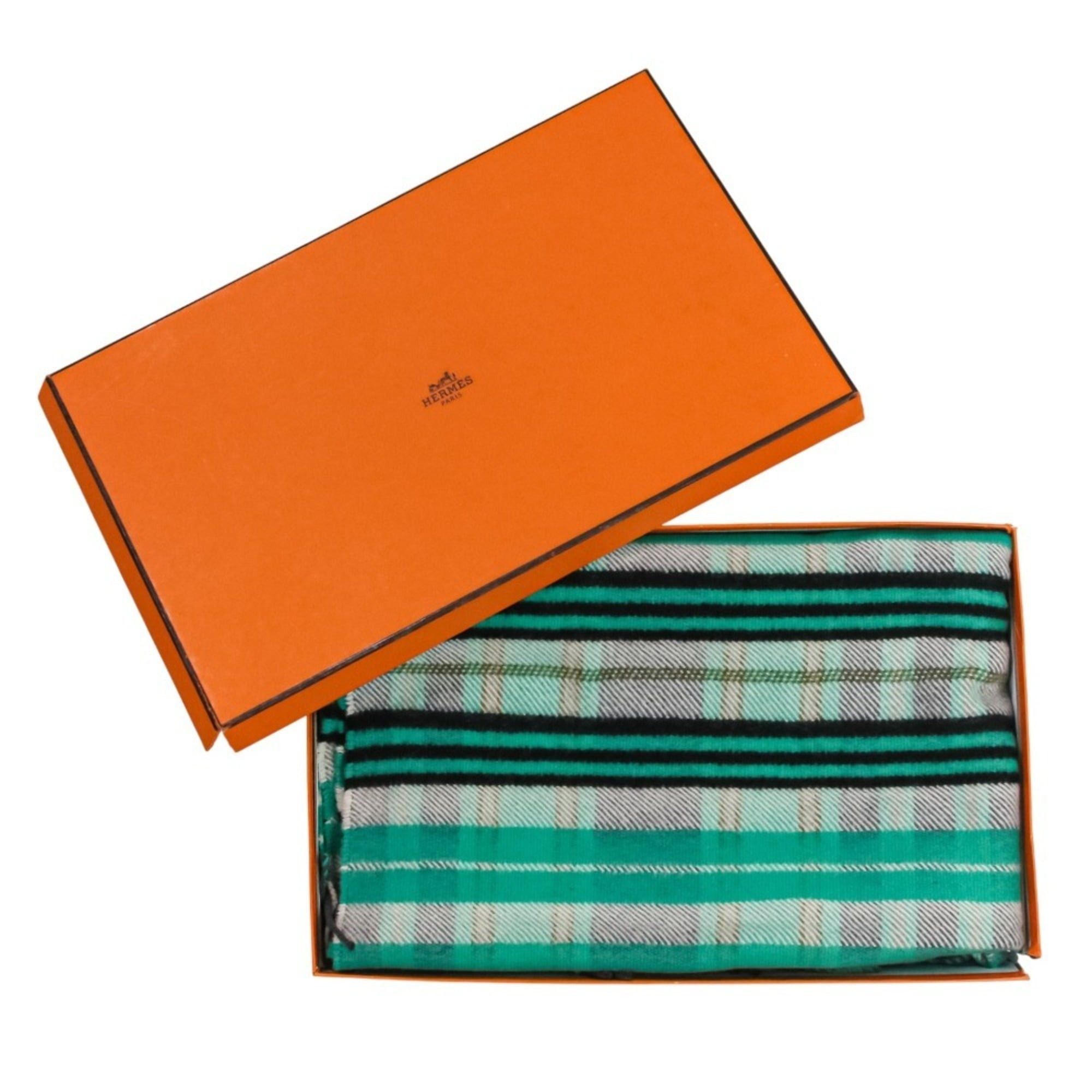 Hermes HERMES Cashmere Tartan Check Fringe Blanket Scarf Large Stole Shawl Green Women's Size ONE SIZE - 14 Thumbnail