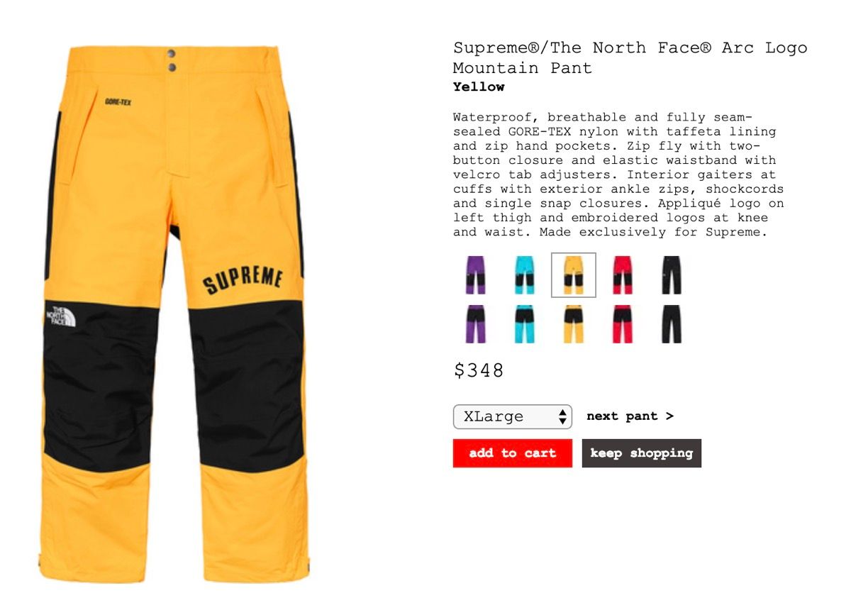 Supreme Supreme® x The North Face® Arc Logo Mountain Pant - Yellow