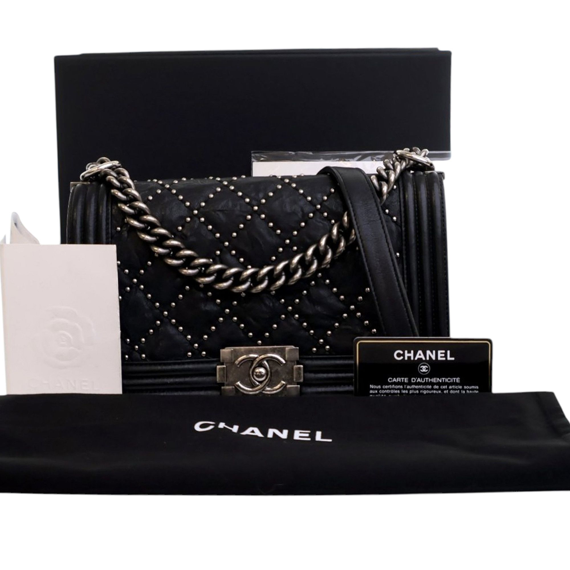 Chanel Old Medium Quilted Crumpled Calfskin Studded Boy Flap