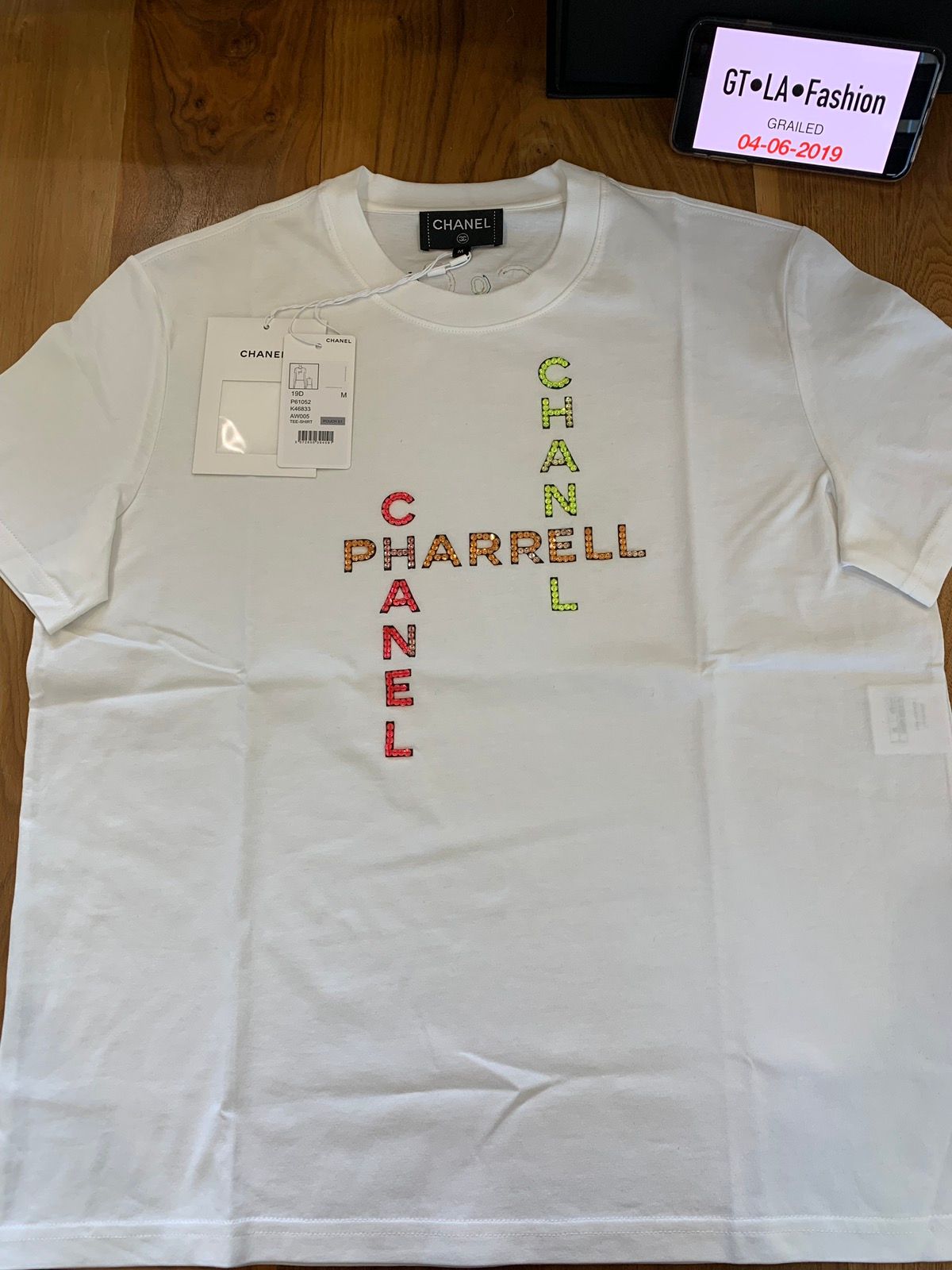 Chanel Pharrell Mens T Shirt XL Black Sequence Coco Logo Cotton Short Sleeve