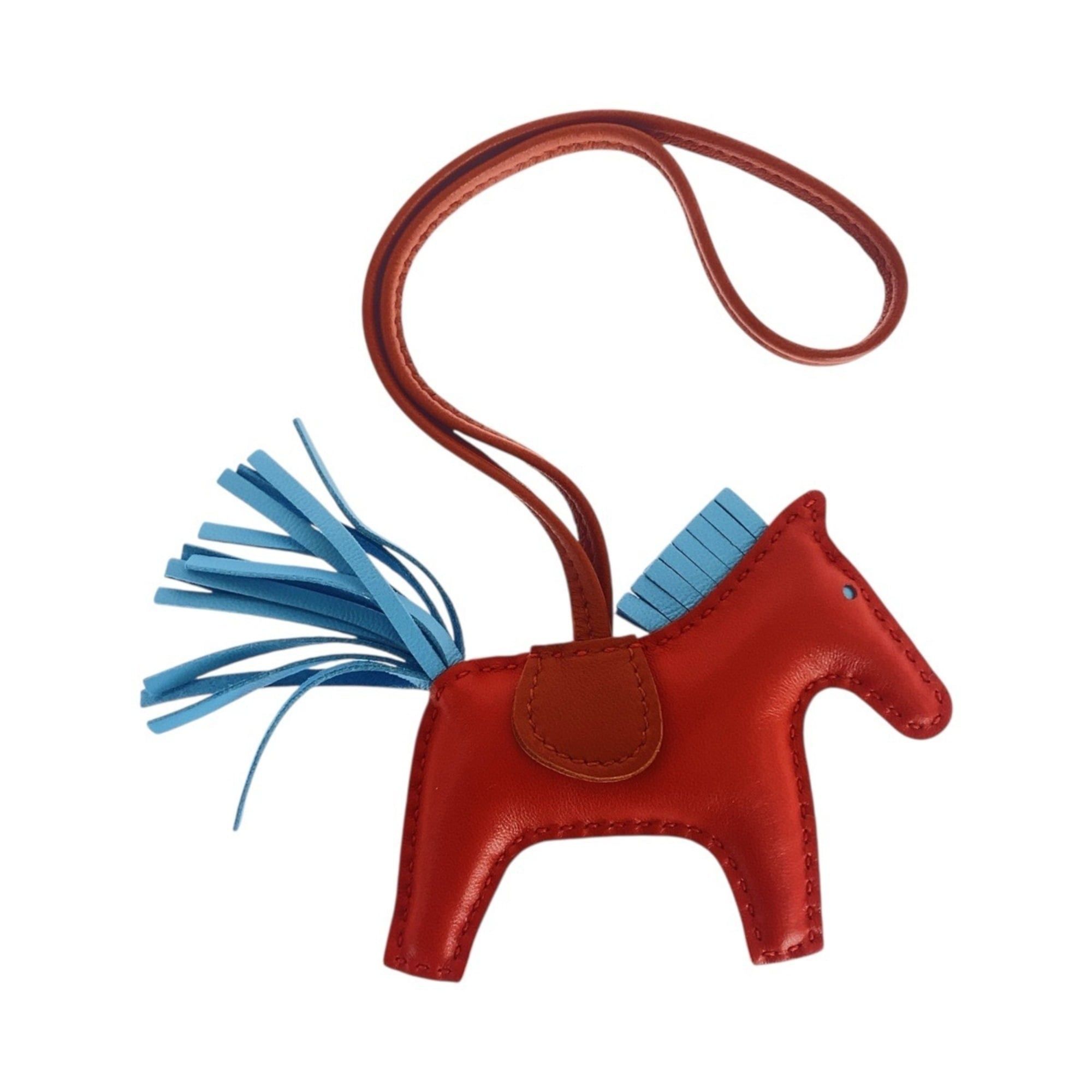 HERMES Rodeo Pegasus PM Bag Charm in Red, Brown, and Light Blue. Anjou Milo Swift Keychain with A Stamp. Women's.