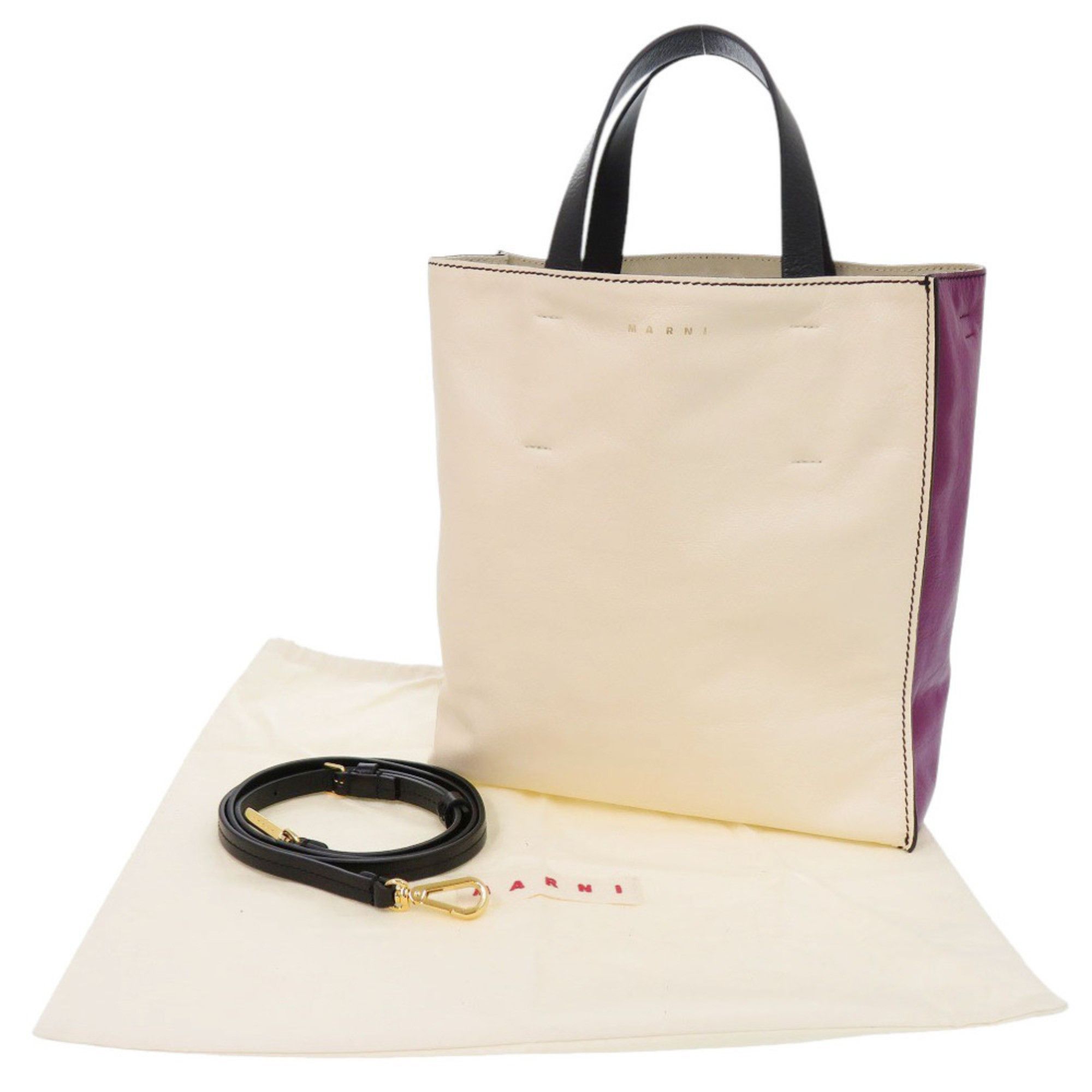 Marni Marni 2-Way Museo Leather Tote Bag in Beige/Purple (1703) Size ONE SIZE - 2 Thumbnail
