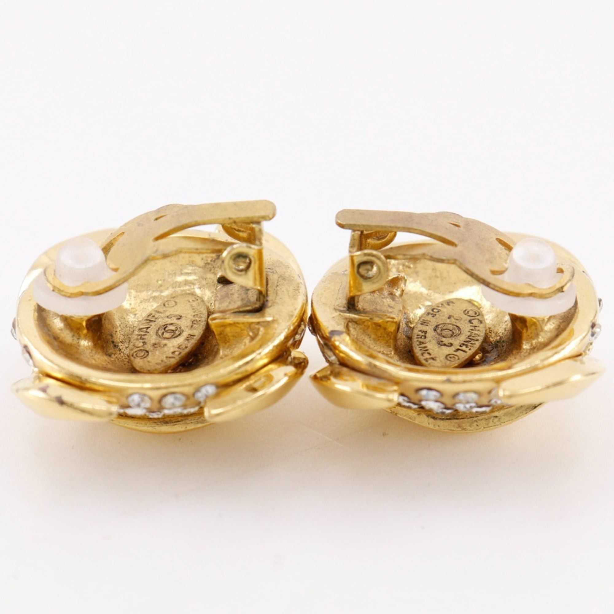 Chanel Vintage Chanel Coco Mark Earrings, Gold Plated with Rhinestones, 1988, Size 23, Approx. 34.1g, Women's Size ONE SIZE - 5 Thumbnail