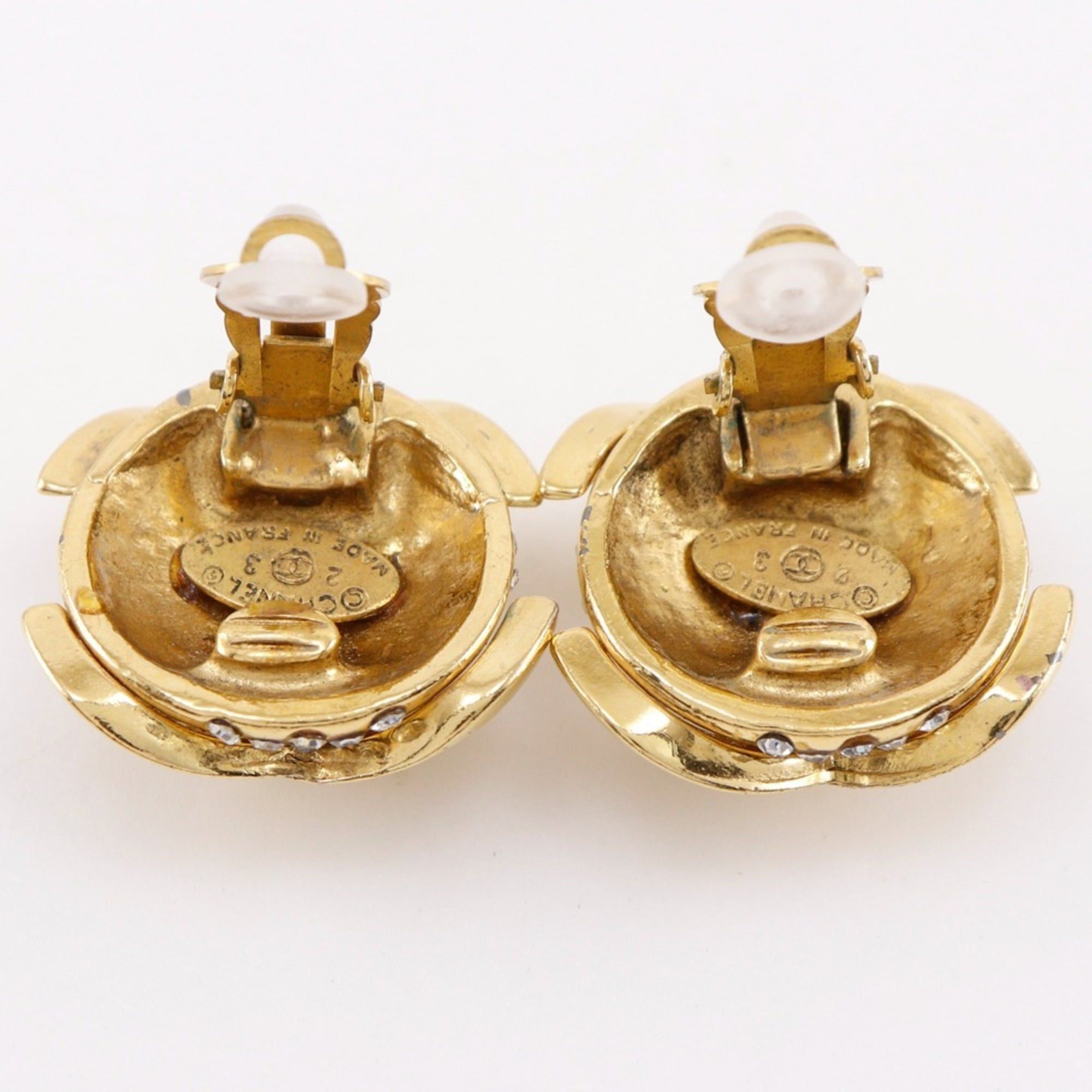 Chanel Vintage Chanel Coco Mark Earrings, Gold Plated with Rhinestones, 1988, Size 23, Approx. 34.1g, Women's Size ONE SIZE - 4 Thumbnail
