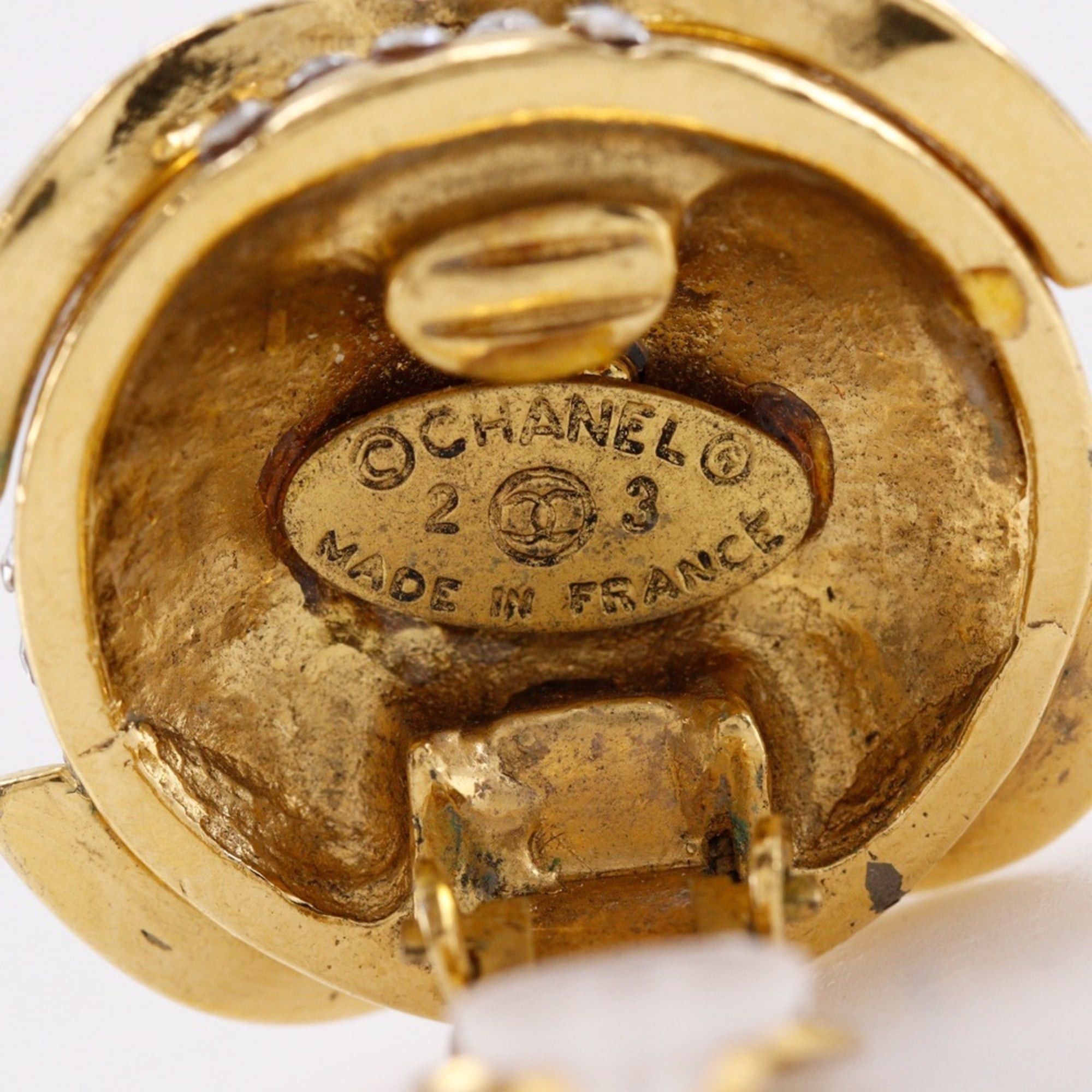 Chanel Vintage Chanel Coco Mark Earrings, Gold Plated with Rhinestones, 1988, Size 23, Approx. 34.1g, Women's Size ONE SIZE - 16 Thumbnail