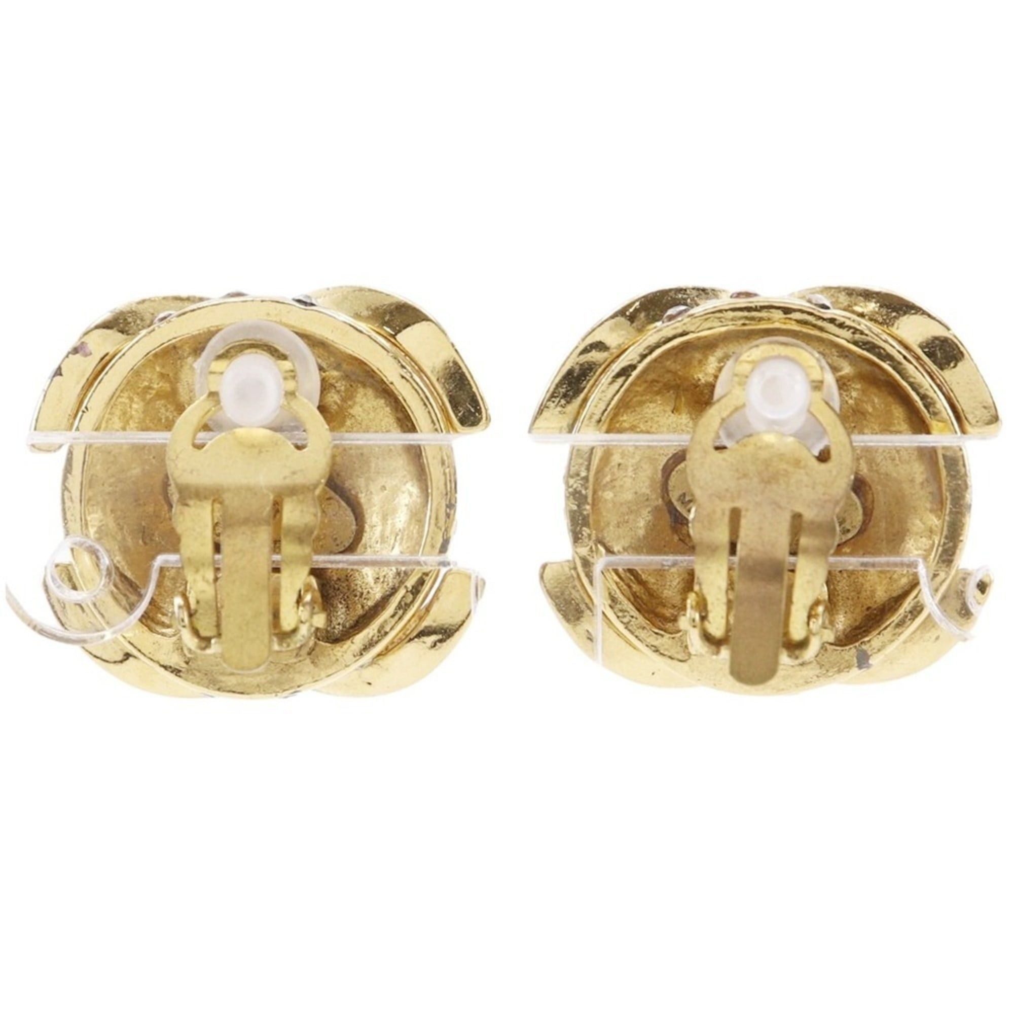 Chanel Vintage Chanel Coco Mark Earrings, Gold Plated with Rhinestones, 1988, Size 23, Approx. 34.1g, Women's Size ONE SIZE - 3 Thumbnail