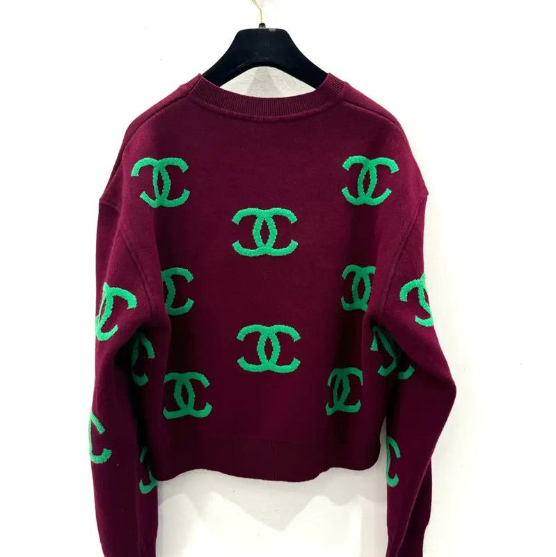 Chanel Chanel Green Logo Sweater in Burgundy 0089 Size M / US 6-8 / IT 42-44 - 3 Thumbnail